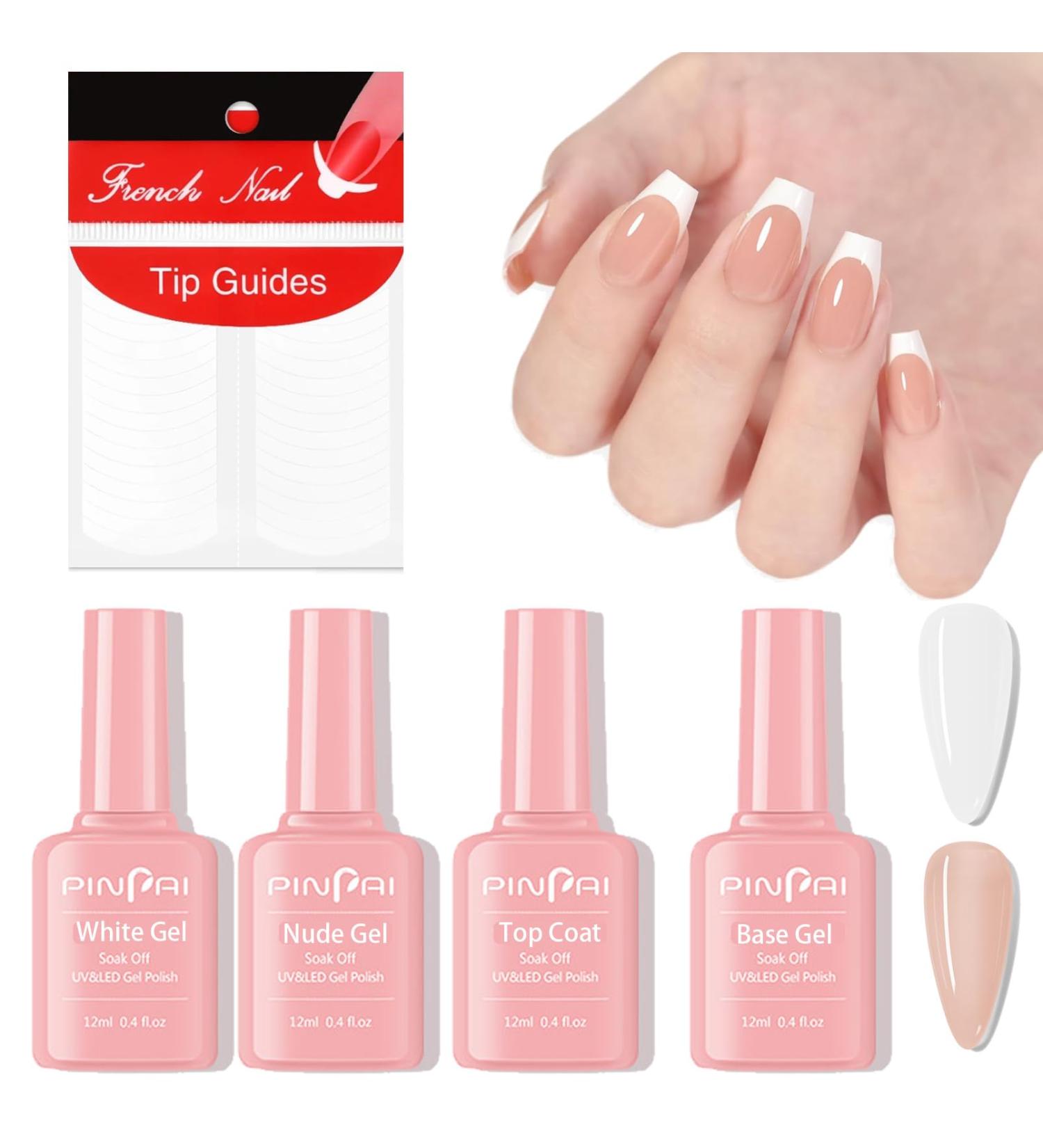 Gel Nail Polish Set - French Manicure Gel Polish White & Nude Nail Polish Set with Top Coat Base Coat Soak Off UV Gel French Manicure Set for Nail Art with French Tips Guides Sticker - Buy Online on GoSupps.com
