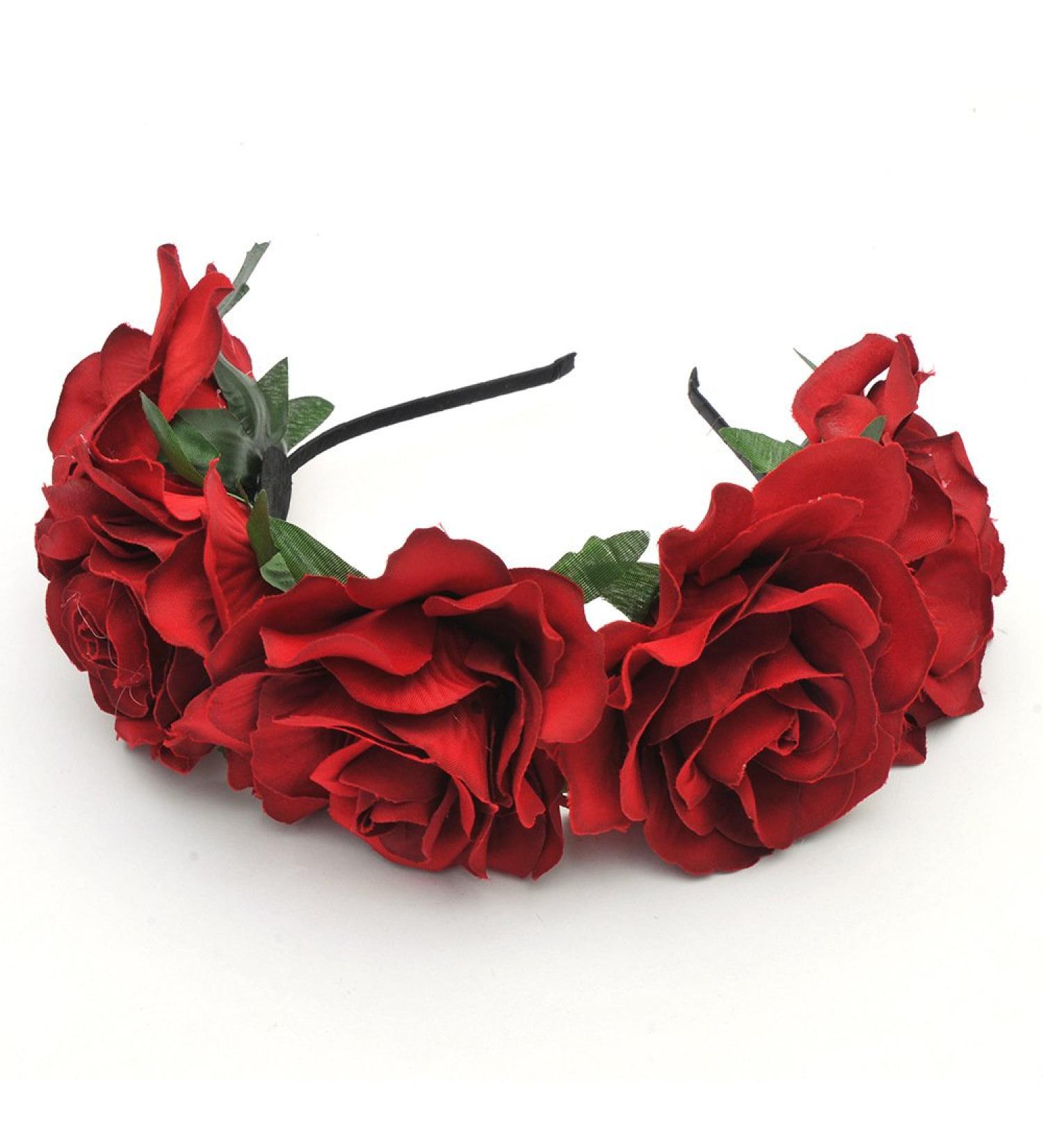 Bodermincer Women Rose Flowers Hairband Branch Wedding Wreath Headband Crown (Dark Red)