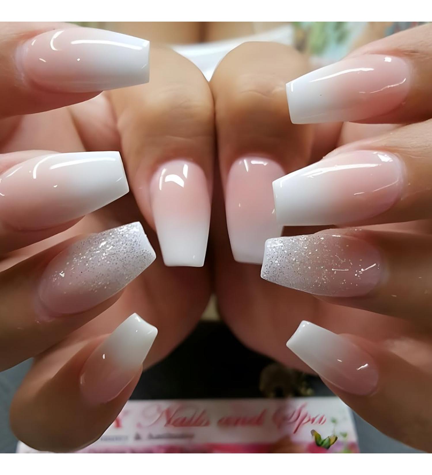 24PCS White Tip Gradient Pink Press On Nails - Medium Square & Glitter Designs - Full Cover Acrylic False Nails for Women & Girls - Buy Online on GoSupps.com