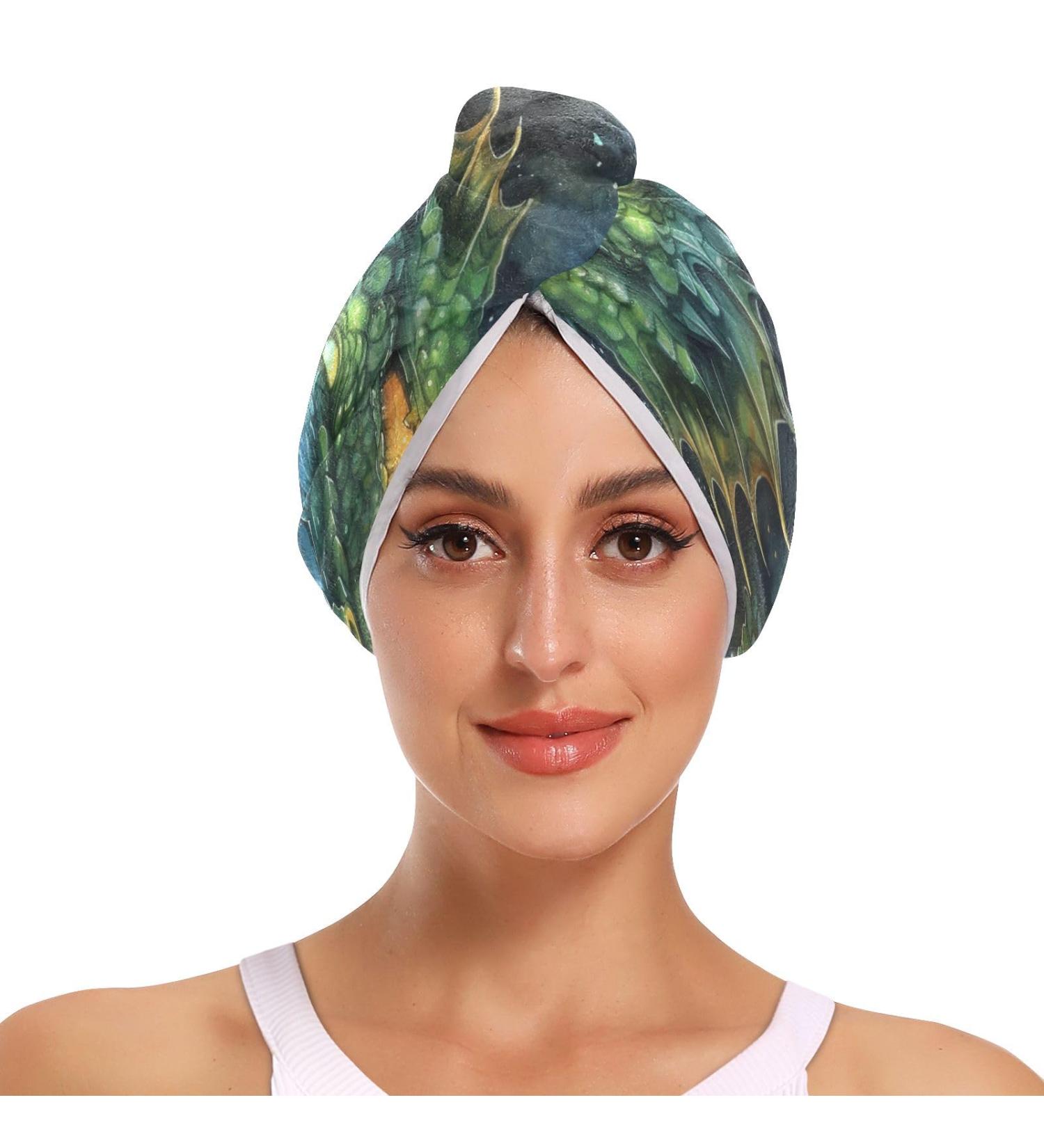 Green Blue Dragon Fire Spitting Hair Towel 2 Pack - Super Absorbent Quick Dry Hair Turbans for Women & Girls - Buy Online on GoSupps.com