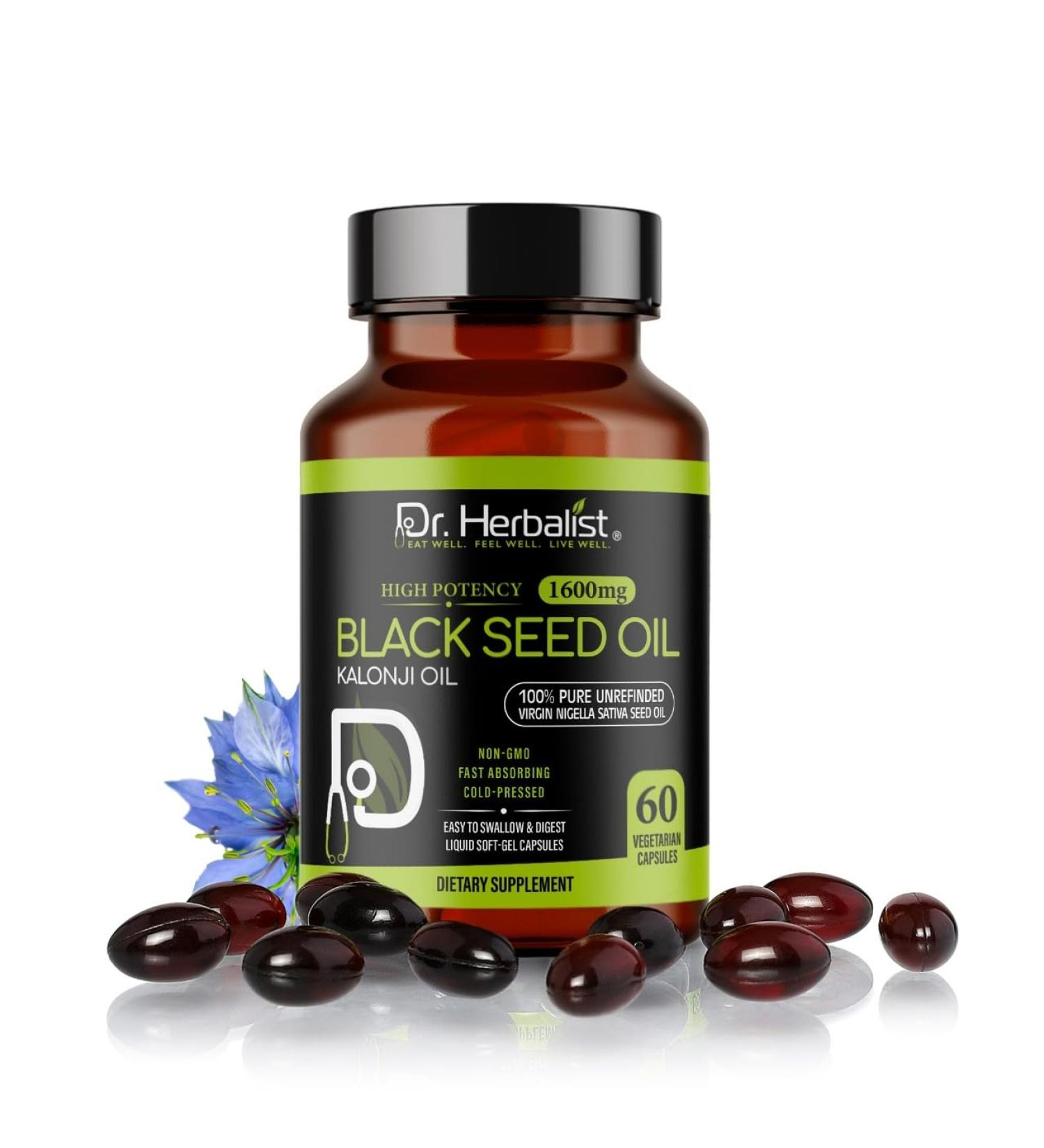 Dr. HERBALIST Black Seed Oil Capsules - 60 Count 1600mg Per Serving - Organic Cold Pressed Nigella Sativa Pure Black Cumin Seed Oil- Contains Natural Thymoquinone (TQ) Black Seed Oil 1 - Buy Online on GoSupps.com