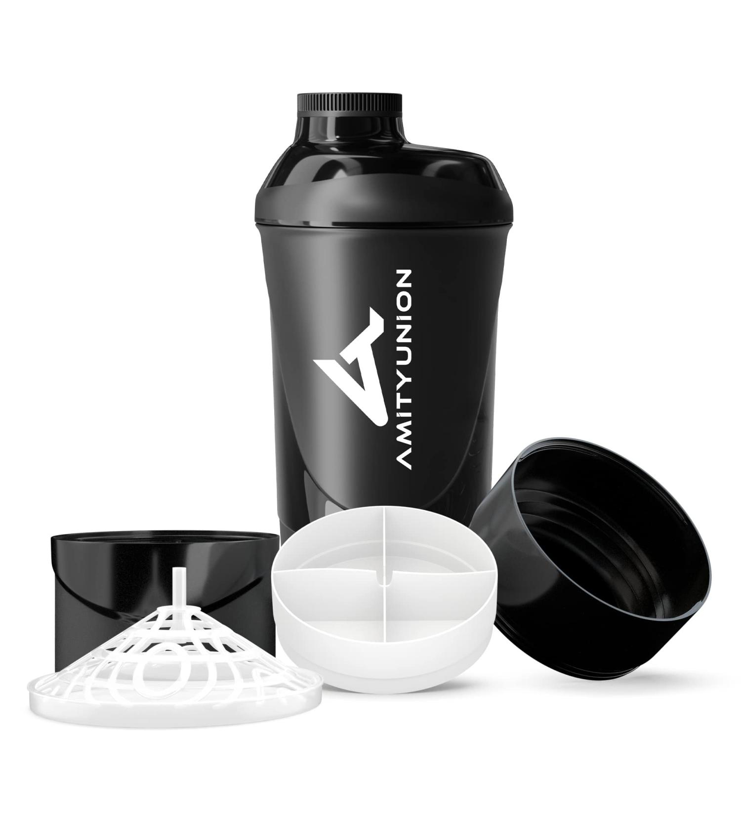 Amityunion 700ml Protein Shaker - Leak-Proof BPA Free With Powder Compartment & Sieve Scale for Whey & BCAA Shakes - Black Fitness Cup - Buy Online on GoSupps.com