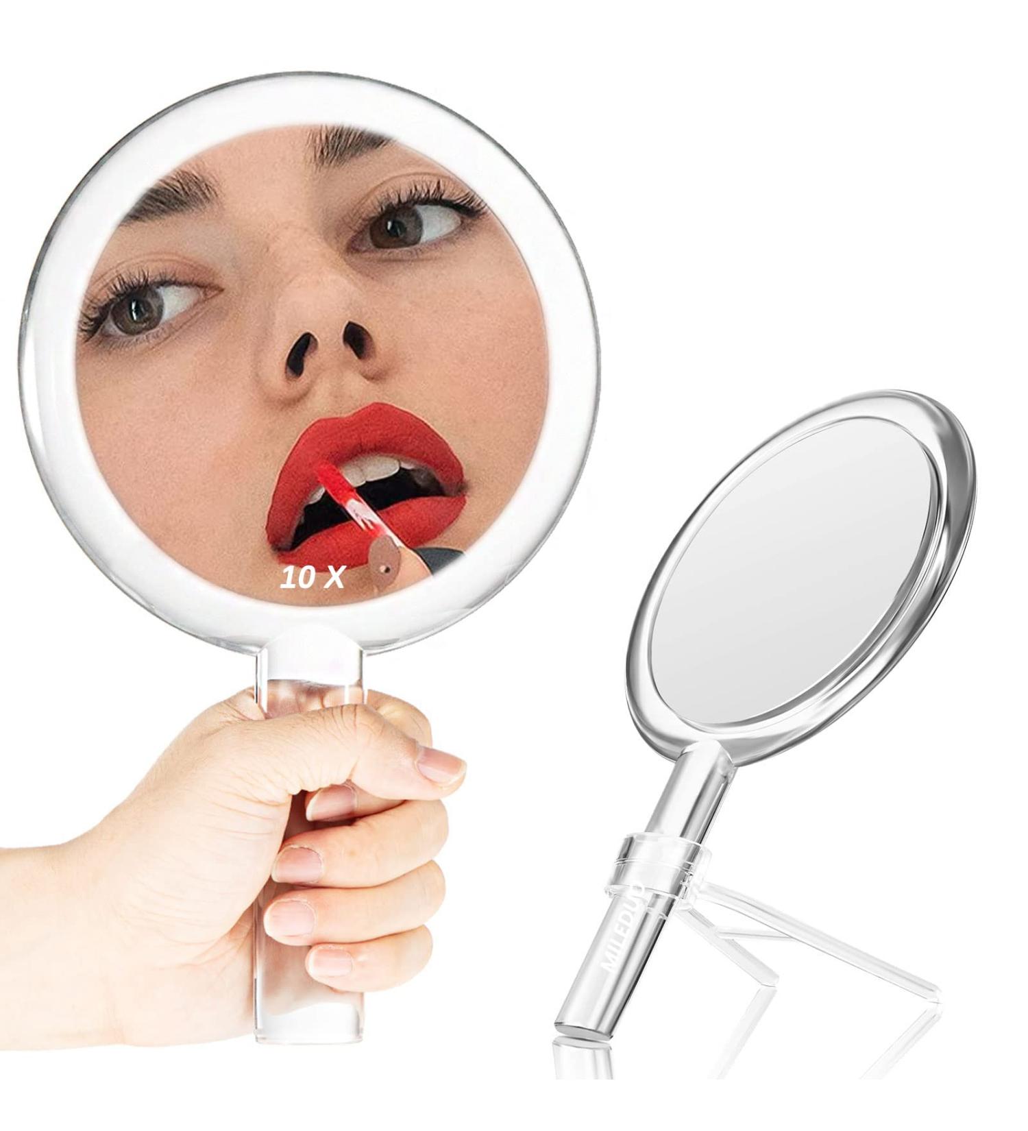 MILEDUO Handheld Mirror with Stand, Double-Sided 1X/10X Magnifying, Adjustable Round Makeup Hand Mirror for Women - Home & Travel - Buy Online on GoSupps.com