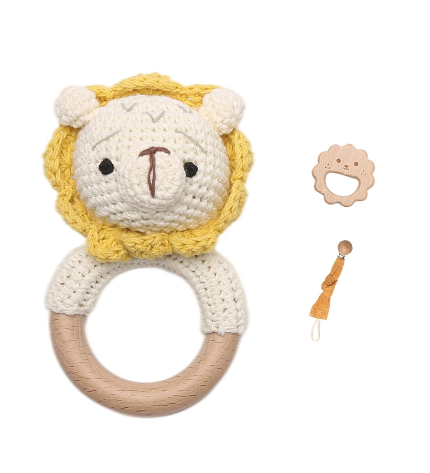 Wooden Baby Rattle - Crochet Lion Newborn Toy with Natural Wood Teething Ring - Handmade Gift for Boys and Girls - Buy Online on GoSupps.com