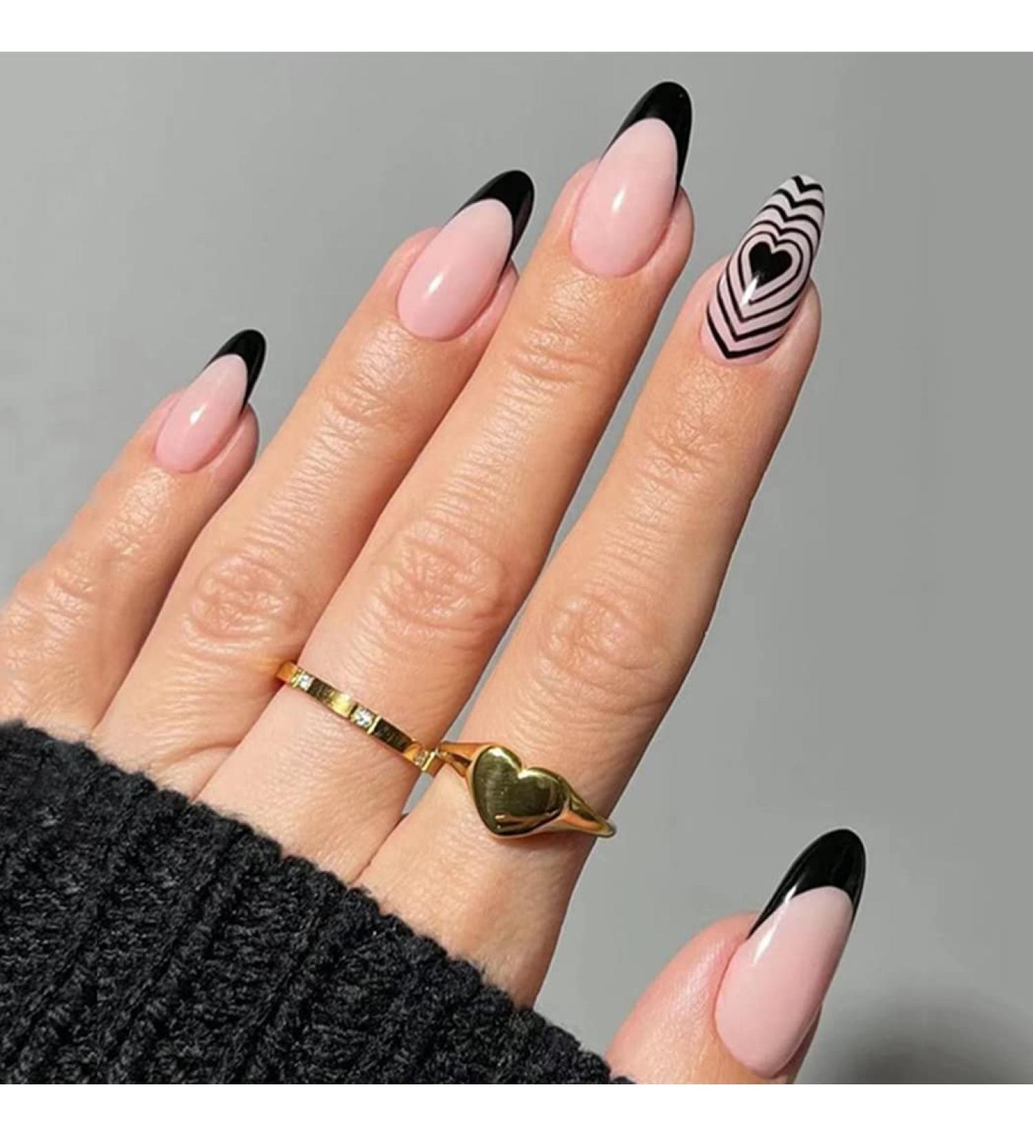 Sethexy Valentine Mandel False Nails - 24Pcs Pink Acrylic Art Press On Nails with Black Heart Design for Women & Girls - Perfect Love Heart Nails for a Romantic Look - Buy Online on GoSupps.com