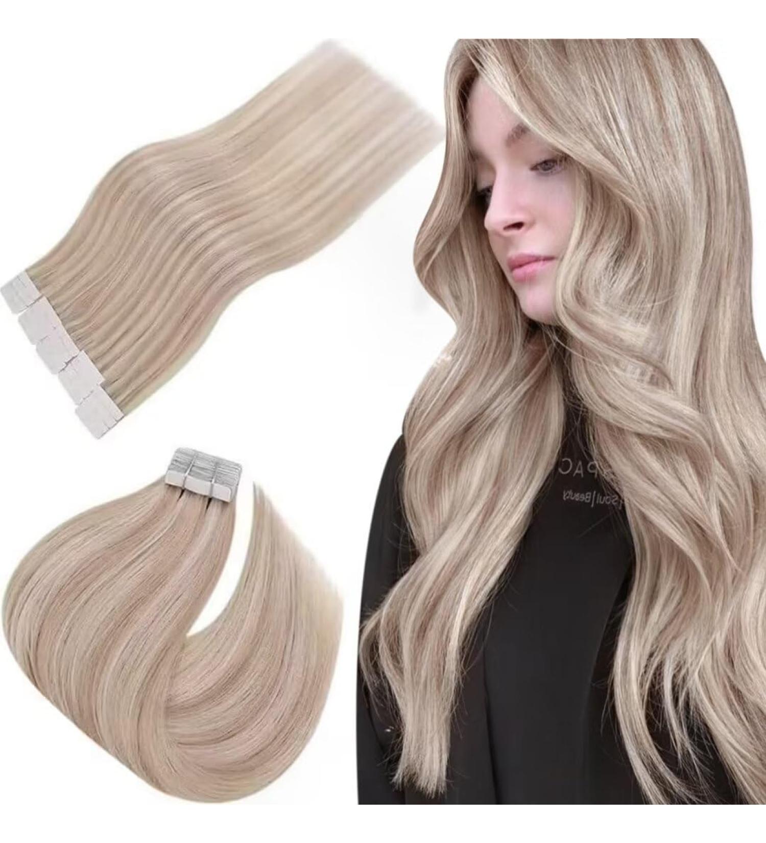 Easyouth Remy Tape in Hair Extensions Ash Blonde Highlight Real Human Hair 12 Inch #18P613 - 20Pcs 30g - Buy Online on GoSupps.com