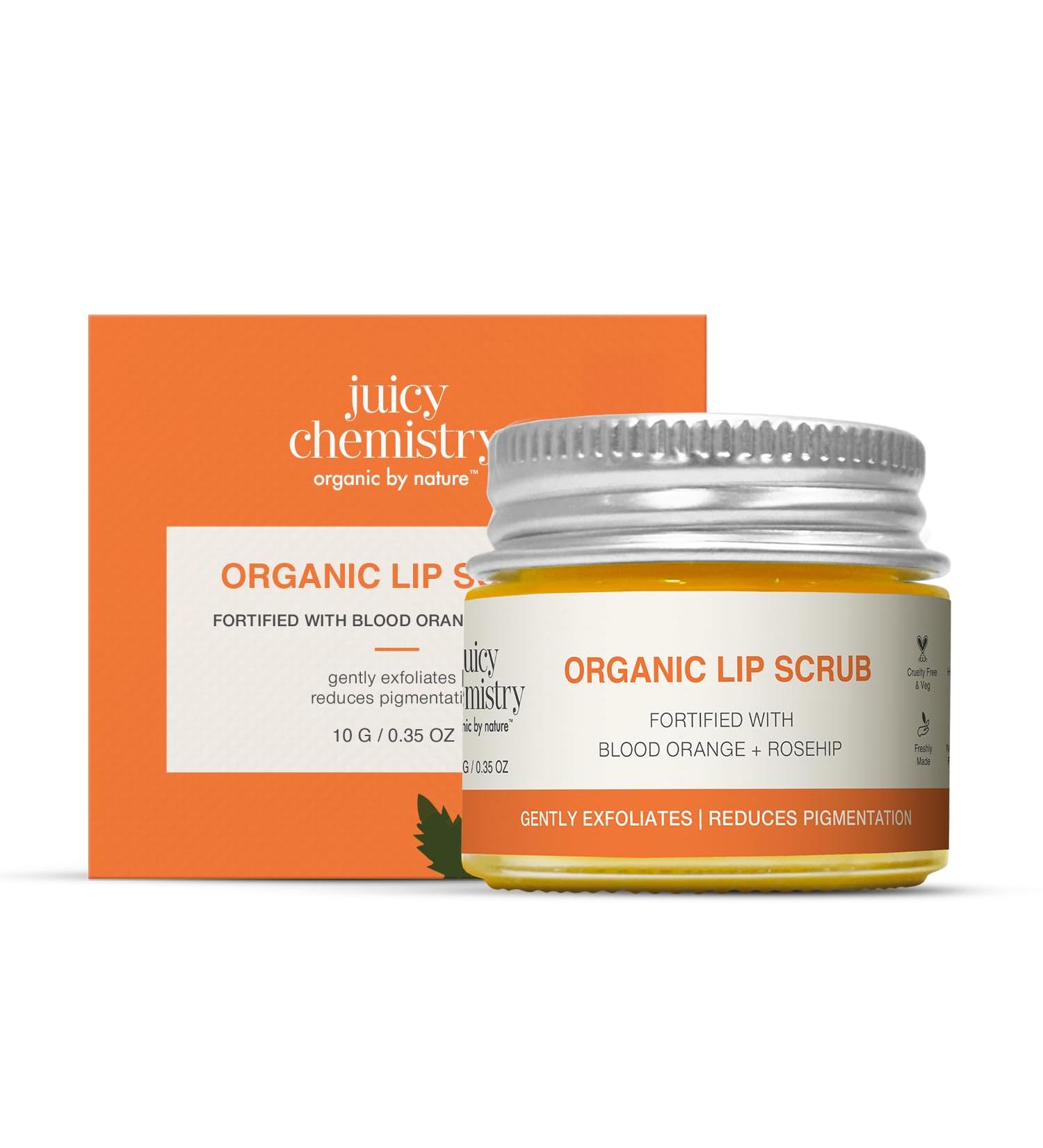 Juicy Chemistry Blood Orange & Rosehip Lip Scrub 10 g | Gentle Exfoliating Scrub For Dark Lips & Pigmentation | Organic Lip Exfoliator For Soft Smooth Supple And Luscious Lips - Buy Online on GoSupps.com