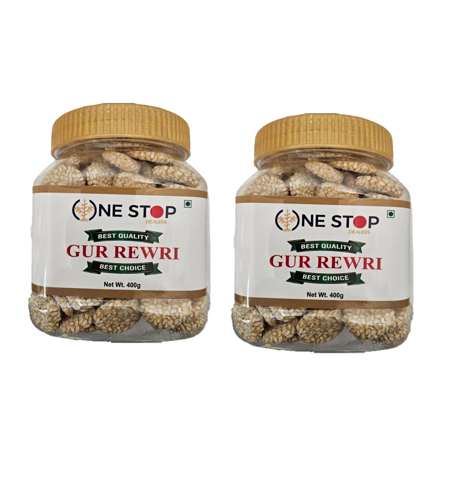 One Stop Dealers Gur Rewri (400 Gram) - Traditional Indian Sweet Treat - Made from Sugar Cane Unrefined Jaggery (Pack of 2)