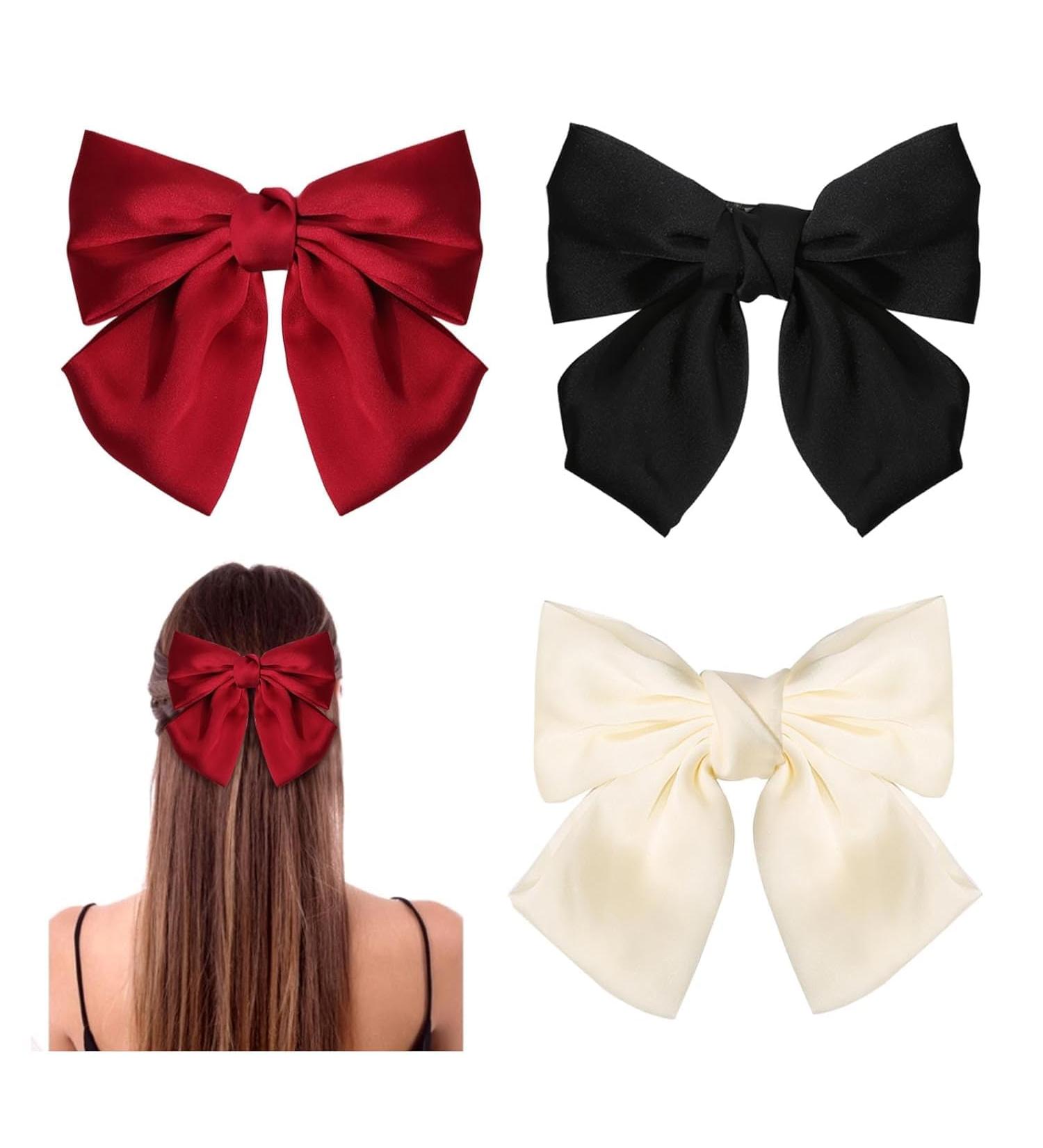 UOPMQGB Bowknot Hair Clips French Fabric Hair Clips with Bow Satin Bow Hair Clips Women's Bow Hair Clips for Weddings Festivals Parties and Schools (Black Beige and Red) - Buy Online on GoSupps.com