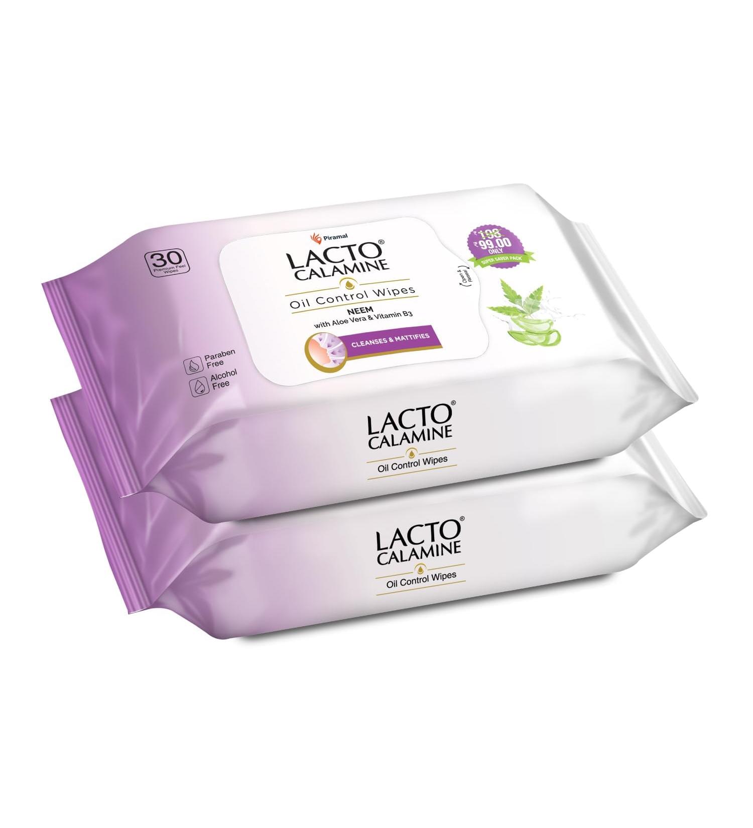 Lact o Calamine Oil Control Face Wipes | Pack of 2 | Neem Aloe Vera & Niacinamide | Makeup Remover & Hydrating Wet Wipes | 30 Wipes Each - Buy Online on GoSupps.com