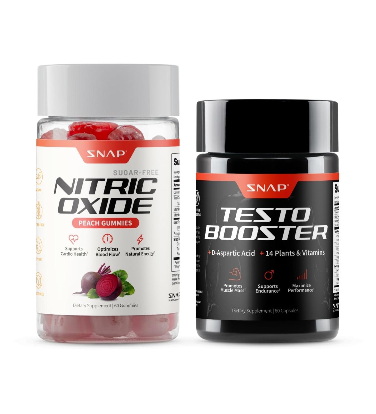 Snap Supplements Nitric Oxide Beet Root Gummies + Testo Booster Supplement Bundle 60 Peach Gummies + 60 Vegetarian Capsules - Buy Online on GoSupps.com