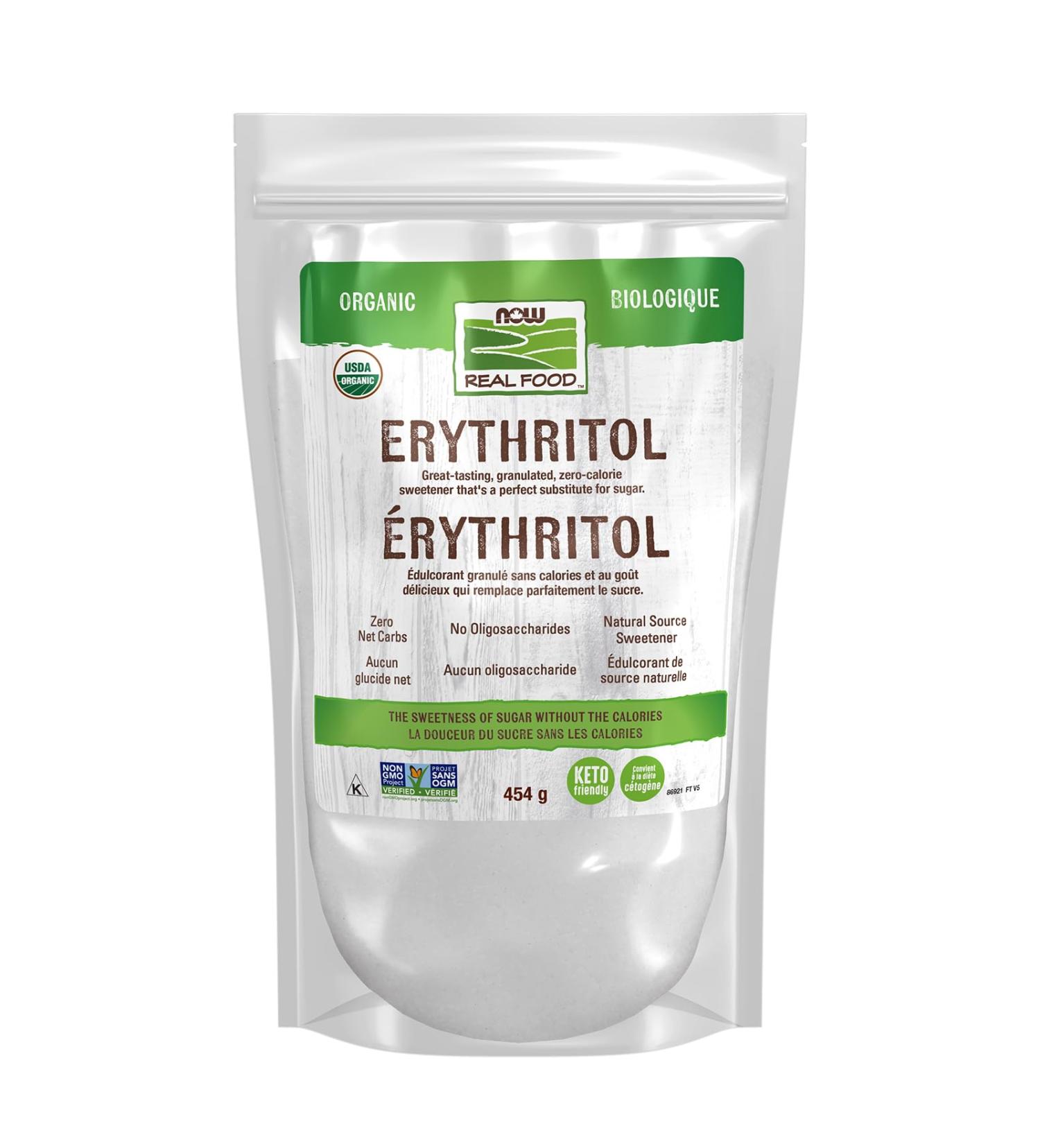 NOW Foods Organic Erythritol Pleasant Sweetner for Reduced-Calorie and Sugar-Free Recipes Zero-Calorie Low Glycemic Impact 454g