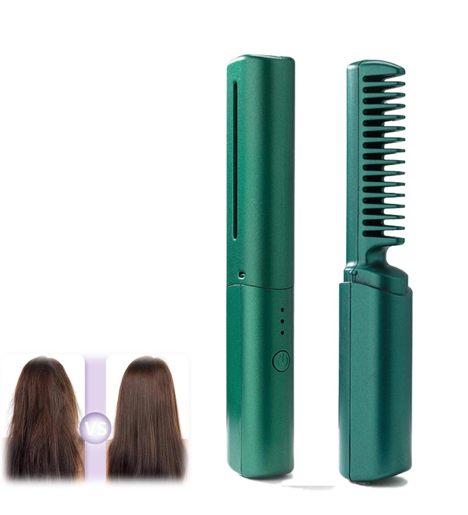 Rechargeable Mini Hair Straightener Comb - Cordless Straightening Brush for Travel & Home | Compact & Portable 1.05*5.05in Green - Buy Online on GoSupps.com