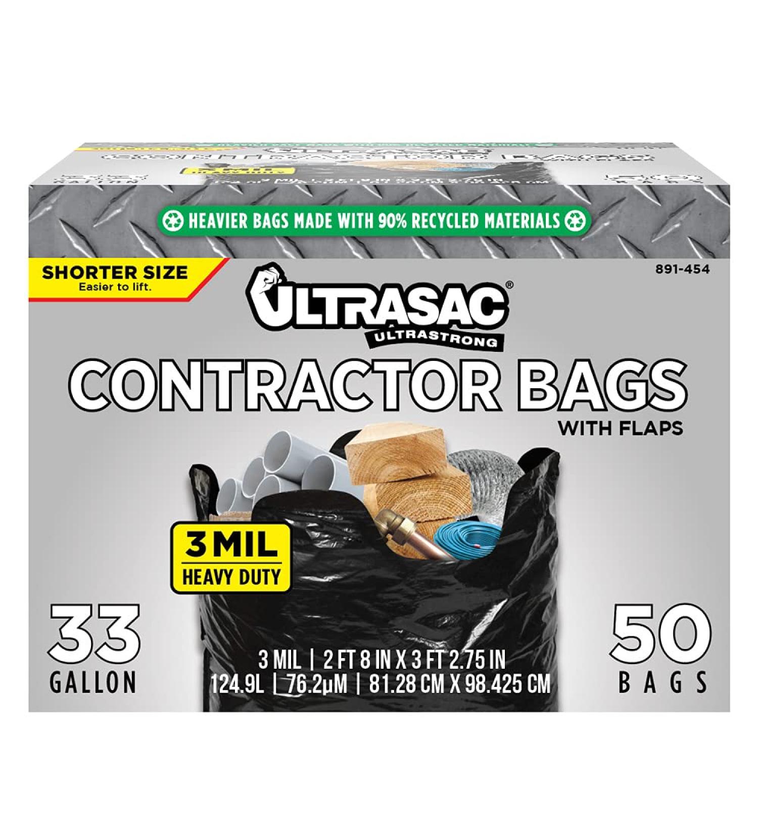 UltraSac 891454 Contractor Trash Bags - 50 Pack with Ties - Heavy Duty 3 MIL Thick - 39 x 32 - 33 Gallon Black Version - Ideal for Industrial, Commercial, and Construction Use - Buy Online on GoSupps.com