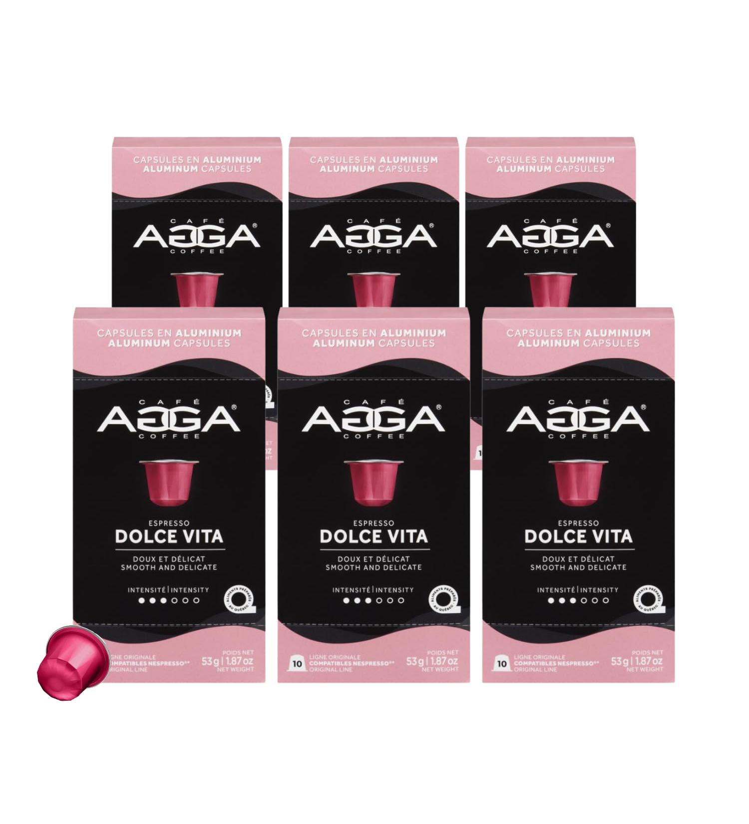 Caf Agga - Dolca Vita Coffee Capsules - Light / Medium Roast Espresso - 100% Arabica - Smooth & Creamy - Compatible with all OriginalLine Machines - 3/6 Intensity - 60 Cups Coffee - 6 x 10 Box/Capsules Dolce Vita - Buy Online on GoSupps.com