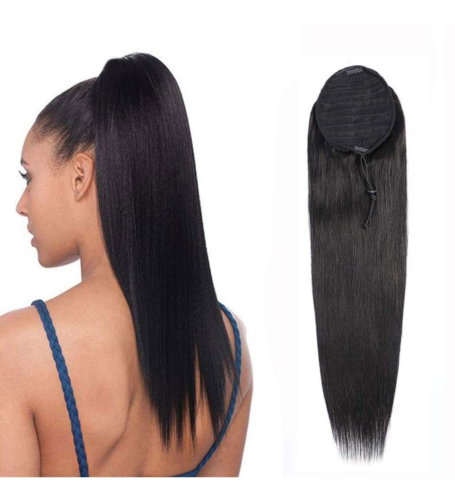 Ponytail Human Hair Extension - 12 Straight Drawstring Ponytail in Natural Black for Women - Buy Online on GoSupps.com