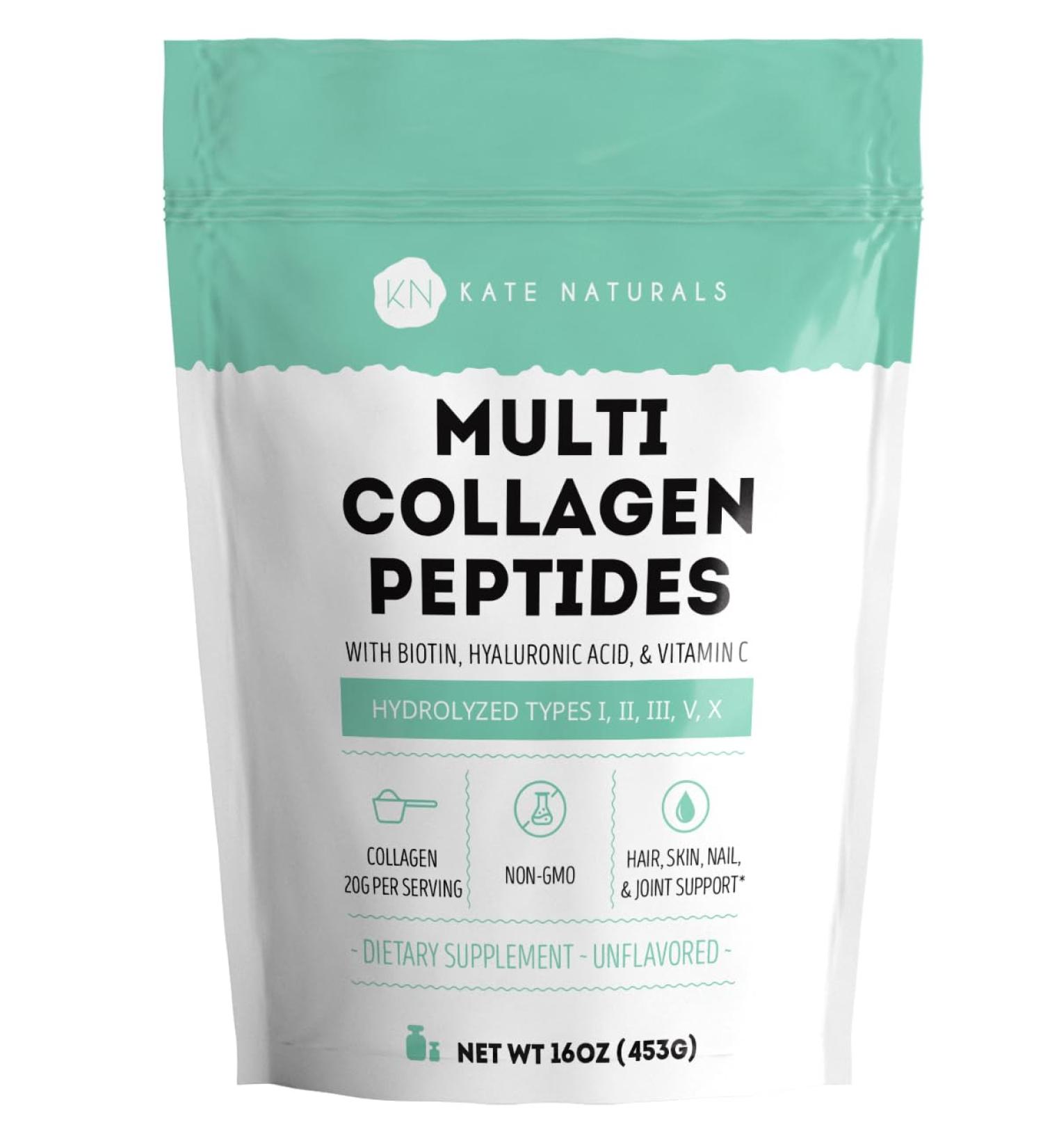 Kate Naturals Multi Collagen Peptides with Biotin Hyaluronic Acid & Vitamin C (16oz Hydrolyzed Unflavored) Types I II III V X Collagen for Hair Skin Nails & Joints