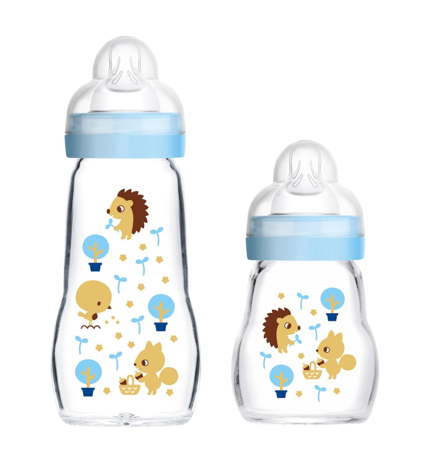 MAM Baby Glass Bottles 2 Pack - Feel Good from Birth (170ml & 260ml) - Safe & Stylish Blue Feeding Bottles for Babies - Buy Online on GoSupps.com