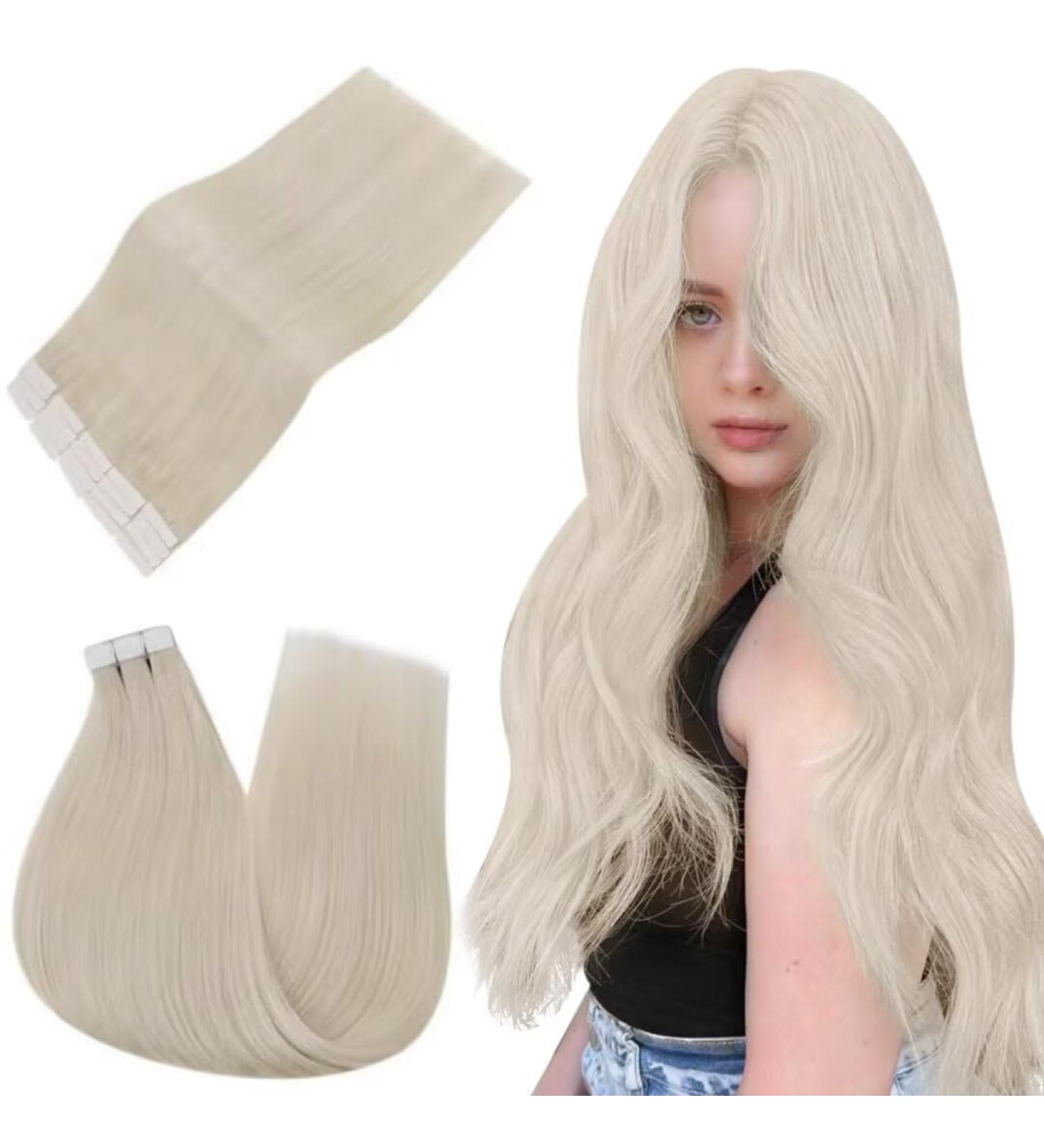EASYOUTH Platinum Blonde Remy Tape in Human Hair Extensions - 24 Inch #60 - 50g 20Pcs - Buy Online on GoSupps.com