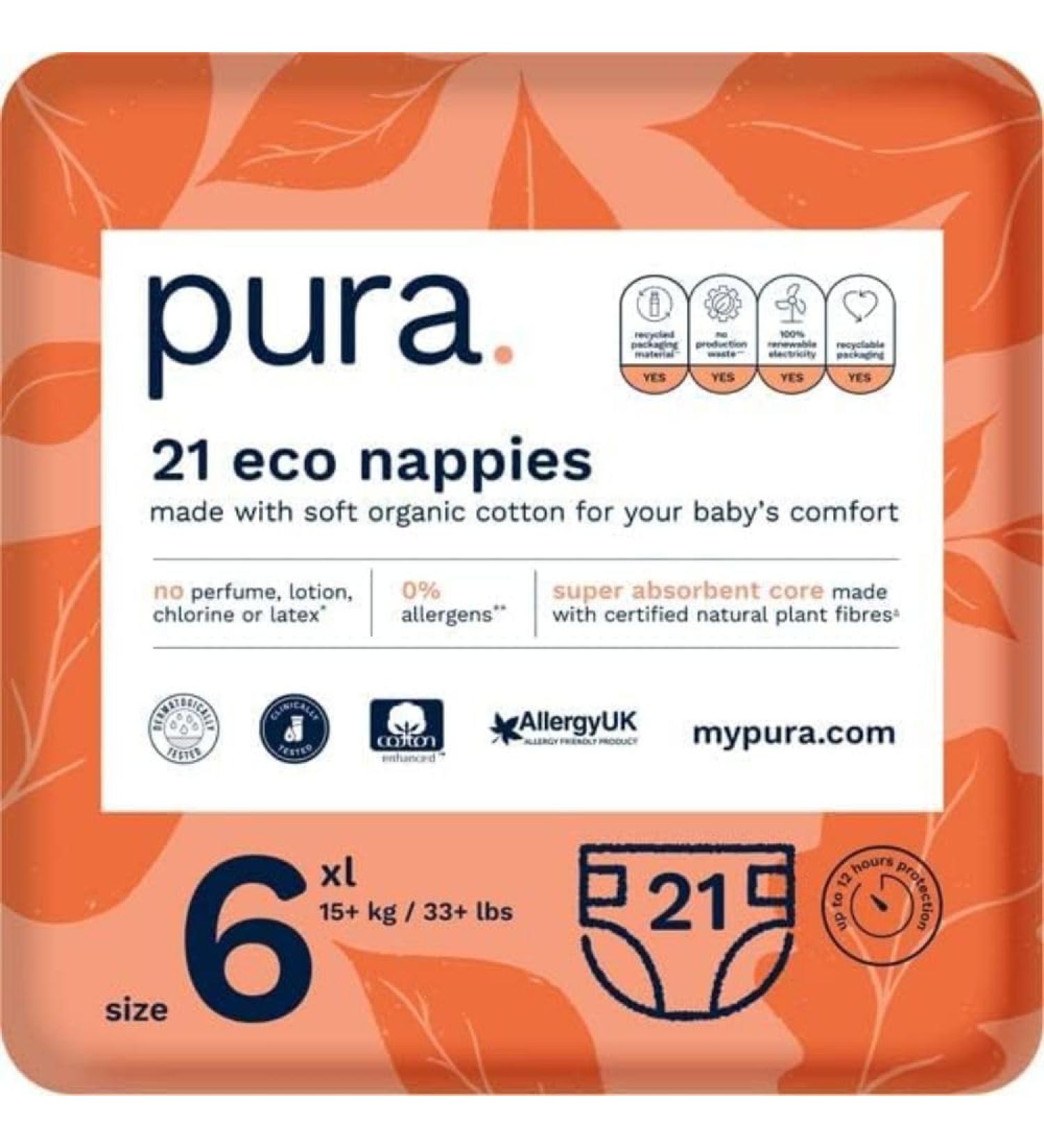 Buy Pura Eco-Diapers Size 6 (XL 15+ kg) 21 Organic Cotton Diapers EU Ecolabel Certified Hypoallergenic & Odorless for Sensitive Skin 12-Hour Protection - Buy Online on GoSupps.com