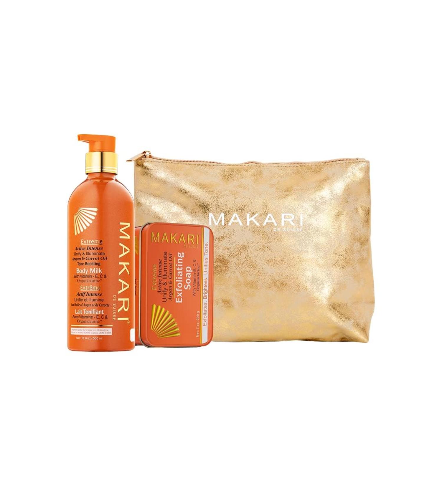 MAKARI Extreme Argan & Carrot Seed Oil Skin Toning Gift Set | Exfoliating Soap & Body Lotion for All Skin Types | Botanical Self Care Kit with Free Makeup Bag - Buy Online on GoSupps.com