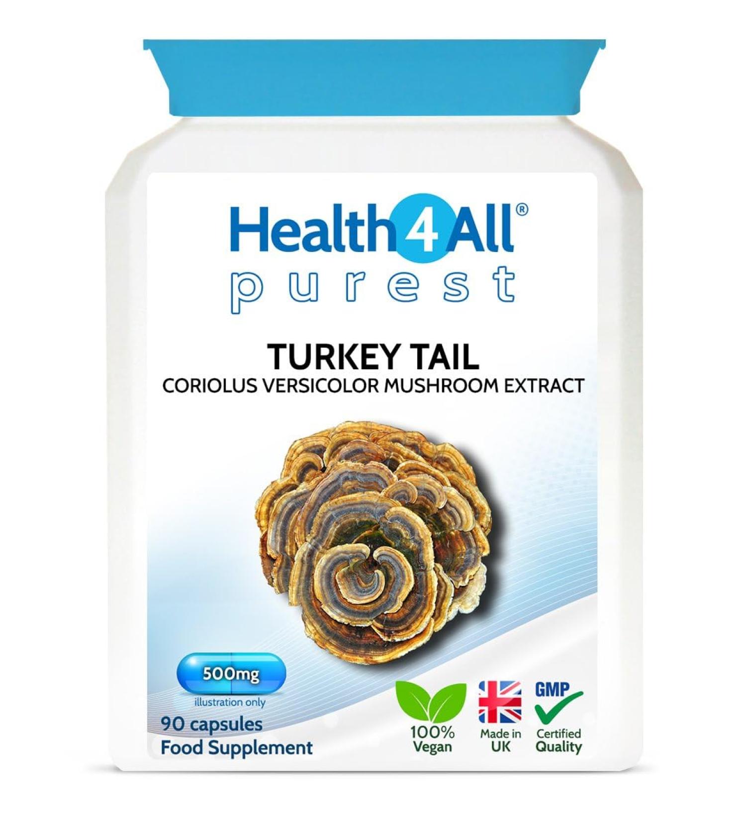 Health4All Turkey Mushroom Extract 500mg 90 Capsules - 30% PSK/PSP Beta Glucans - 100% Fruiting Bodies - Vegan - Buy Online on GoSupps.com