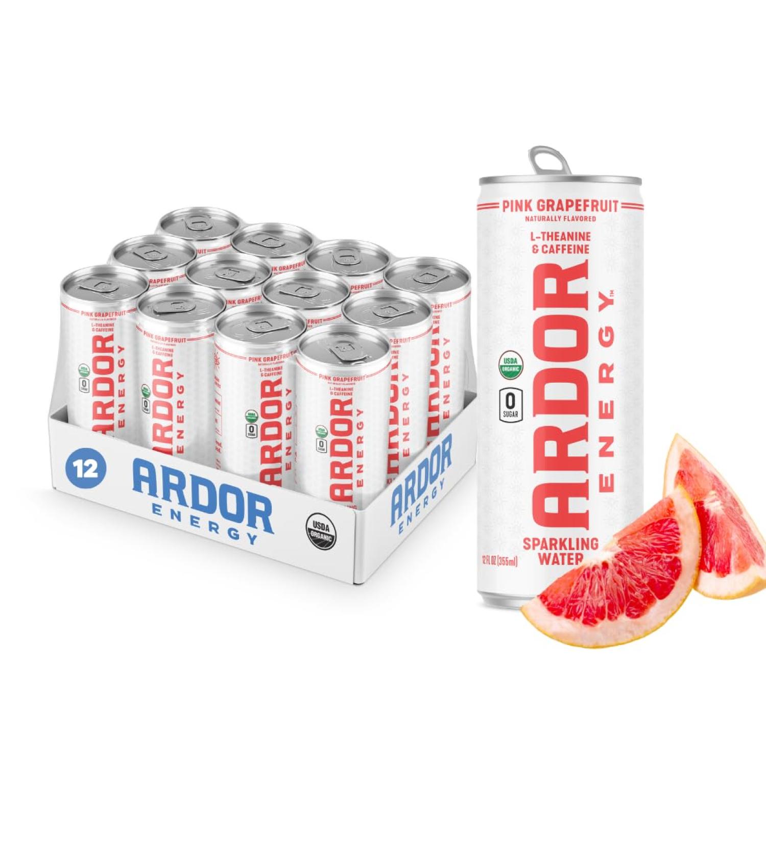 ARDOR ENERGY Sparkling Water 12 Pack - Pink Grapefruit with 100mg Organic Caffeine & 200mg L-Theanine | No Sugar No Calories Vegan & Gluten Free - Buy Online on GoSupps.com
