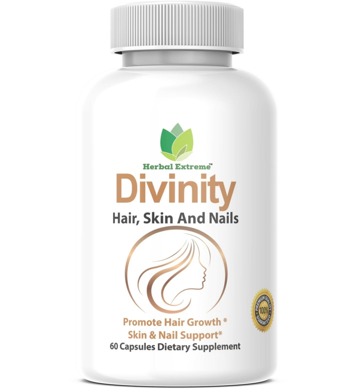 Divinity Hair Skin and Nails 60 Capsules 5000 mcg Biotin P-amino Benzoic Acid Horsetail extract Fo-Ti Bamboo extract Stinging Nettle Chinese Peony Spirulina Saw palmetto - Buy Online on GoSupps.com