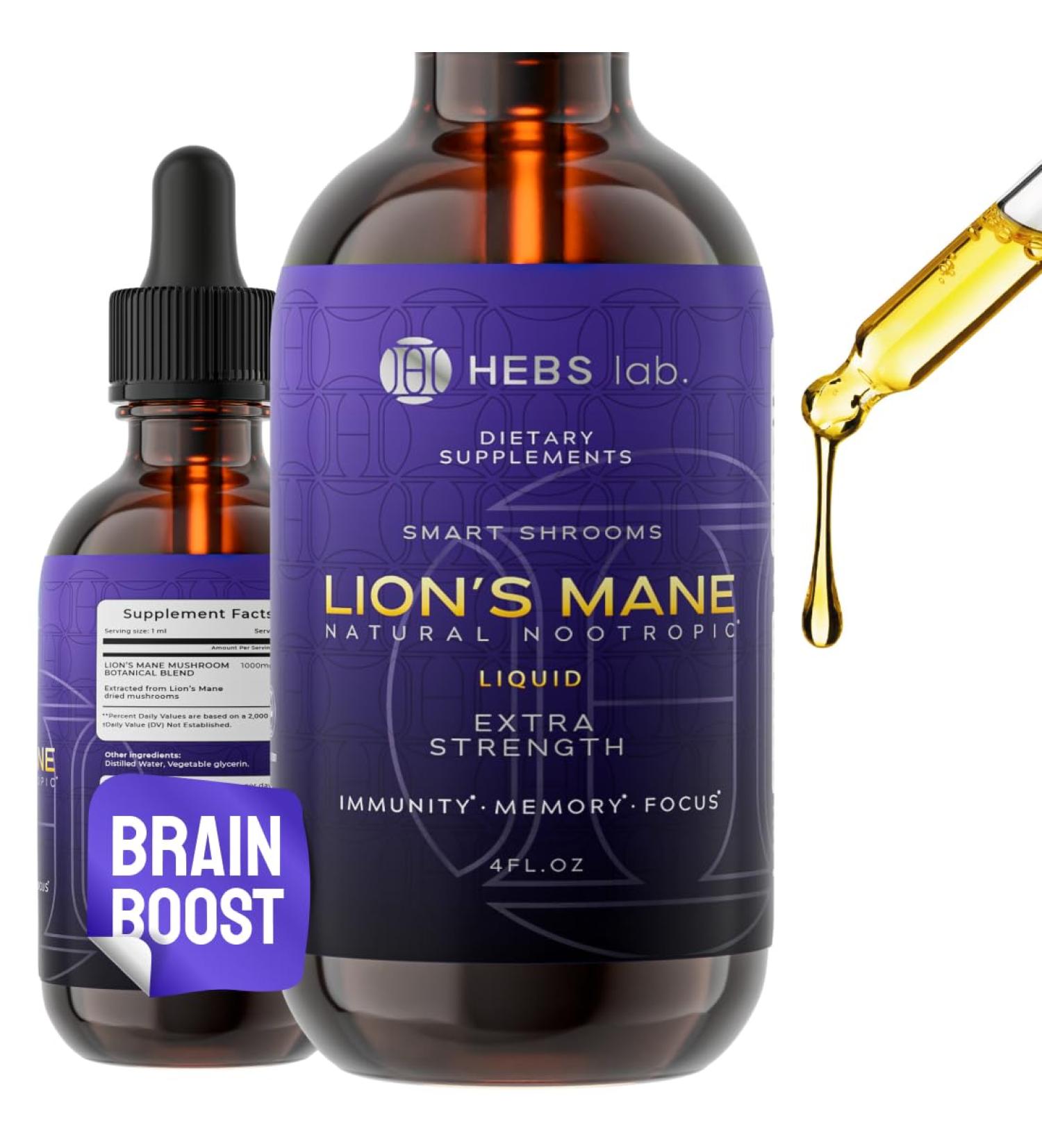 Organic Lions Mane Mushroom Extract - Brain Supplement for Memory & Immune Defense - 4 Fl Oz - Made in USA - Buy Online on GoSupps.com