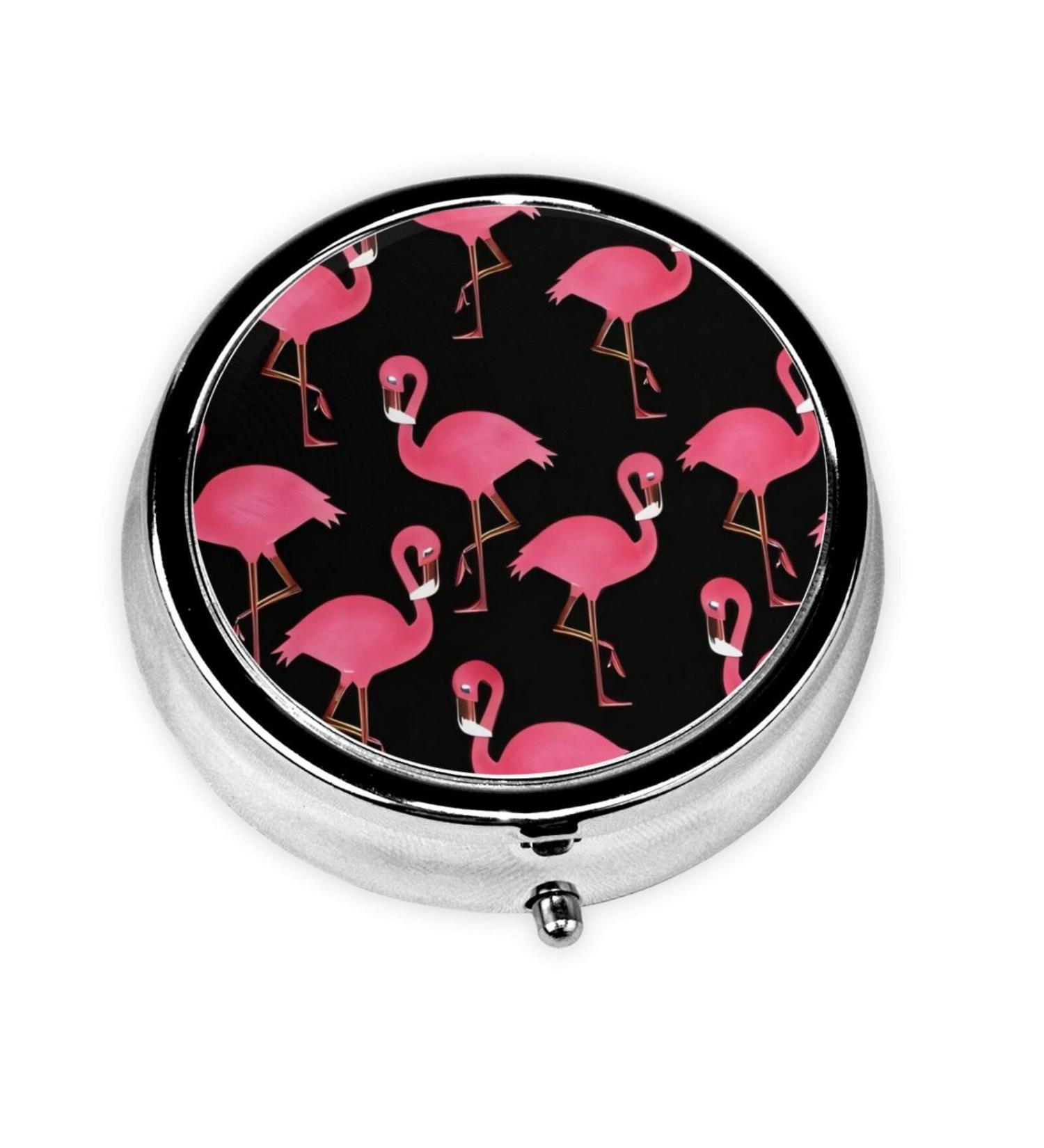Lovely Pink Flamingos Portable Metal Pill Box | Round Mini 3-Compartment | Travel Essential for Small Pills - Buy Online on GoSupps.com