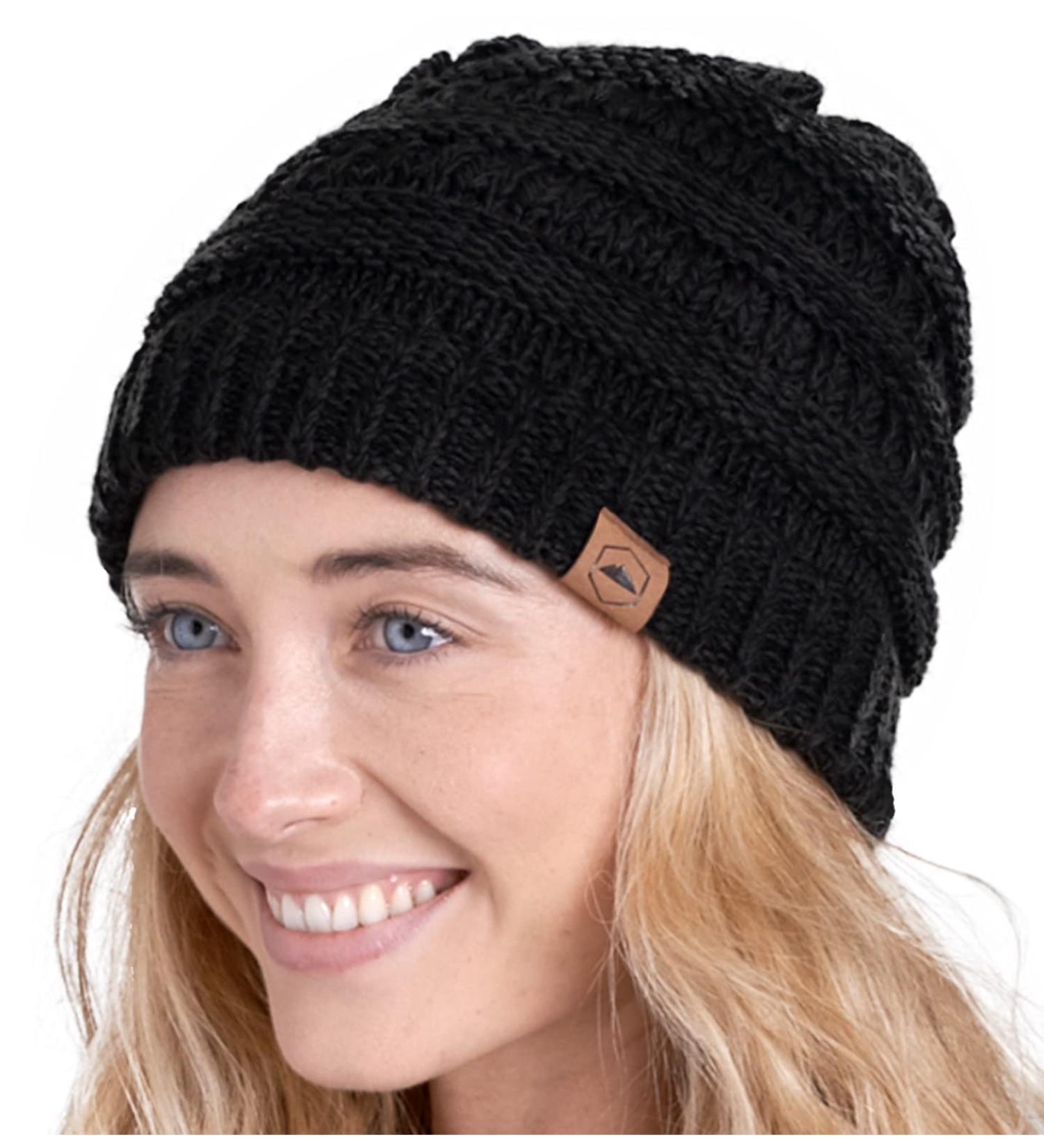 Womens Black Cable Knit Beanie Hat - Warm & Stylish Winter Cap by Tough Headwear - Buy Online on GoSupps.com