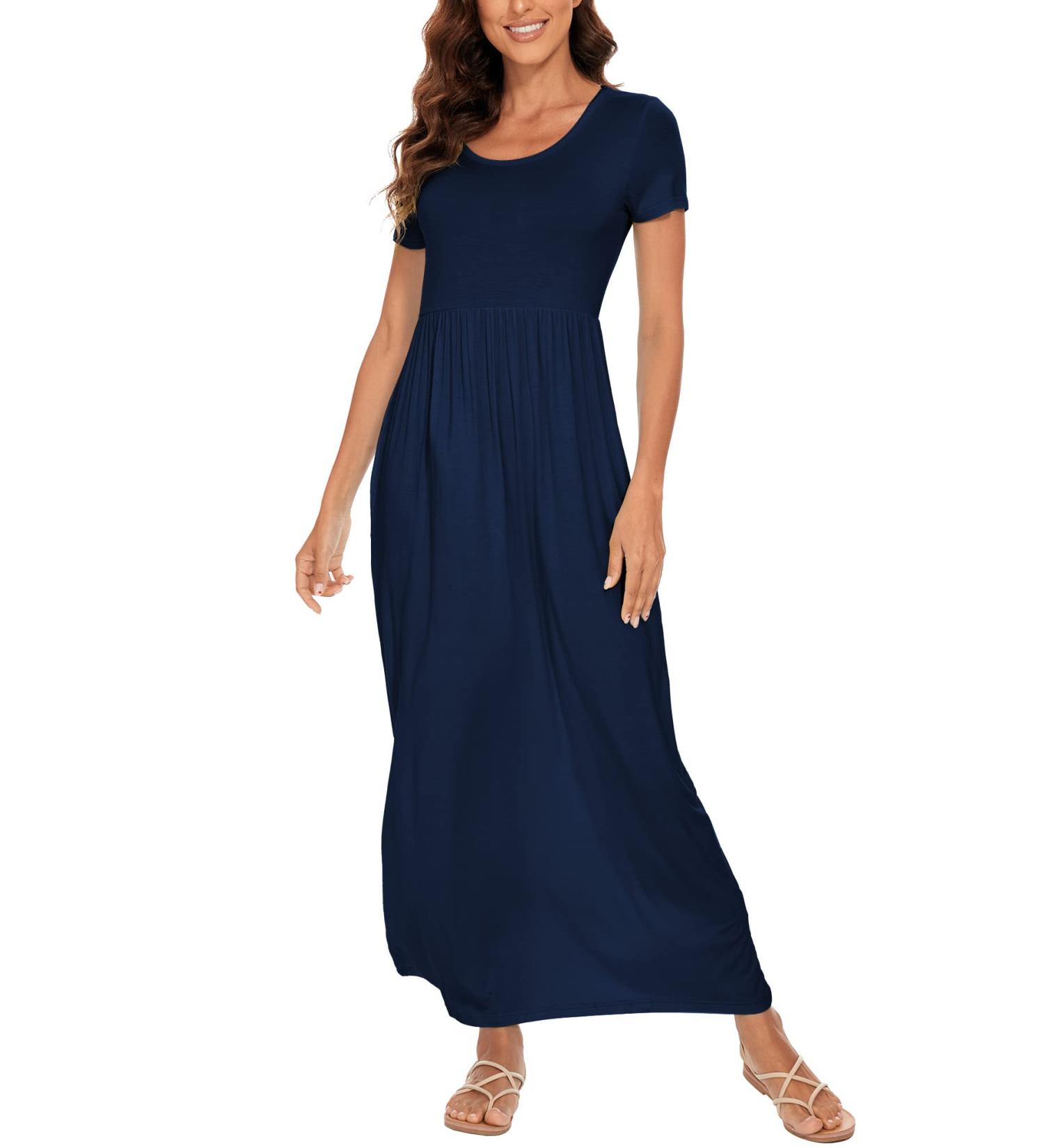 YUNDAI Women's Summer Maternity Maxi Dress with Floral Print, Short Sleeve, and Pocket - Navy Blue (Size L) - Buy Online on GoSupps.com