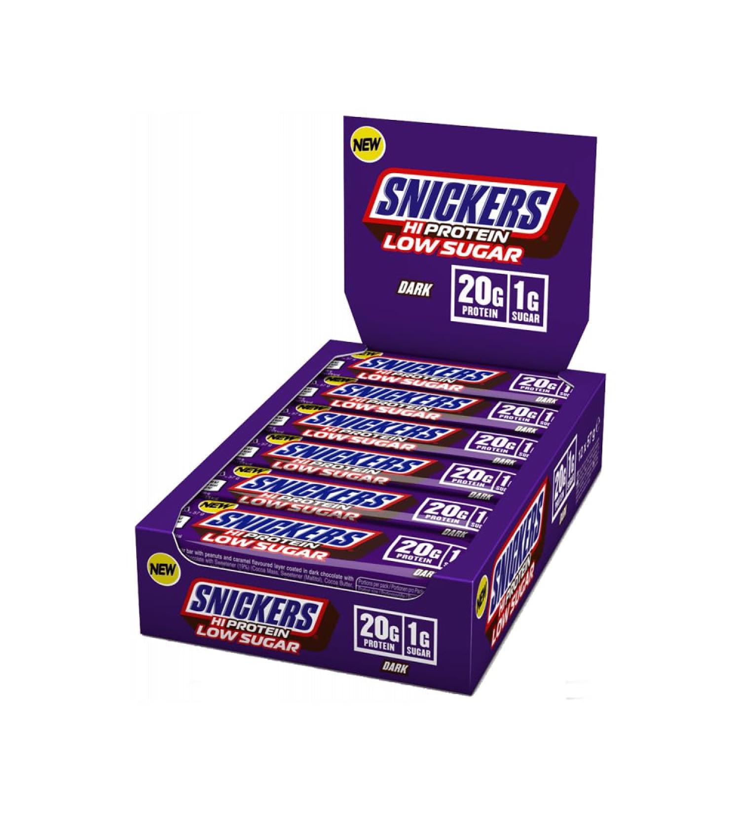 Mars Snickers Dark Low Sugar High Protein Bar 12x57g Dark Chocolate Protein bar with dark chocolate 20g protein per bar Low sugar Perfect for after training or as a snack Dark Chocolate 12x57g - Buy Online on GoSupps.com