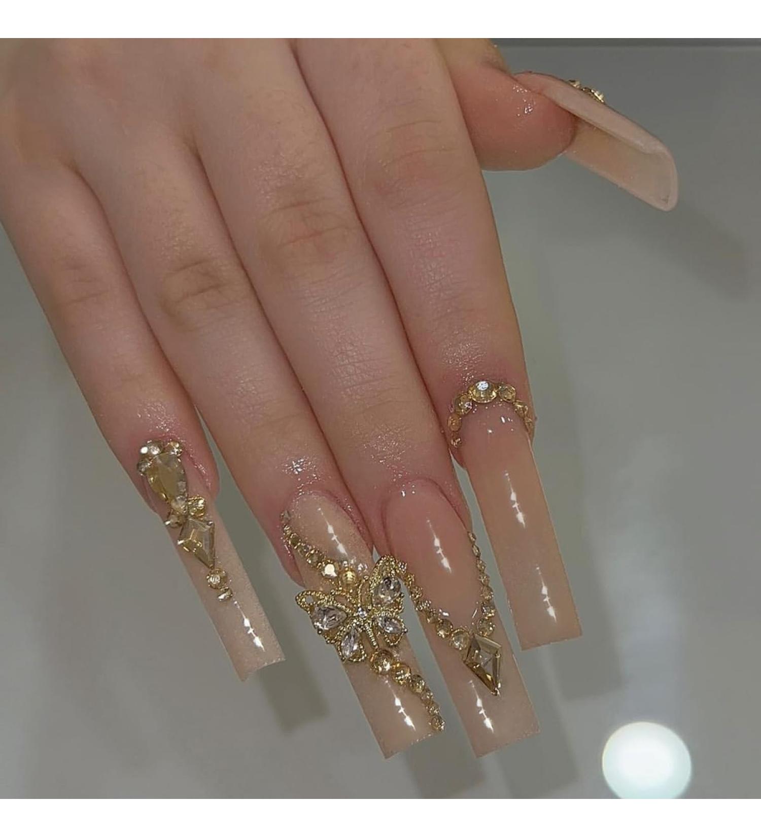 Shop Long Coffin Press on Nails - 3D Butterfly & Gold Rhinestones - 24pcs Acrylic False Nails - Gentle Champagne Style - International Shipping Available - Buy Online on GoSupps.com