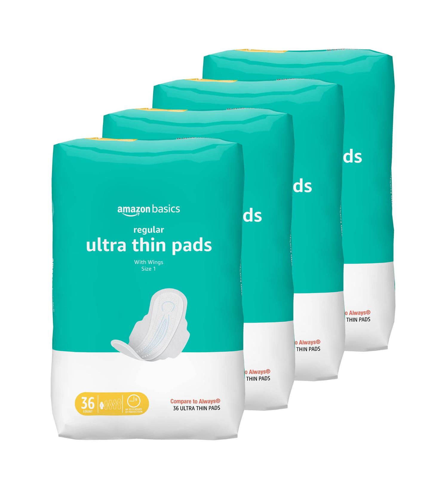 Amazon Basics Ultra Thin Pads with Flexi-Wings | Regular Absorbency | Unscented | Size 1 | 144 Count (4 Packs of 36) | Best Price Guarantee - Buy Online on GoSupps.com