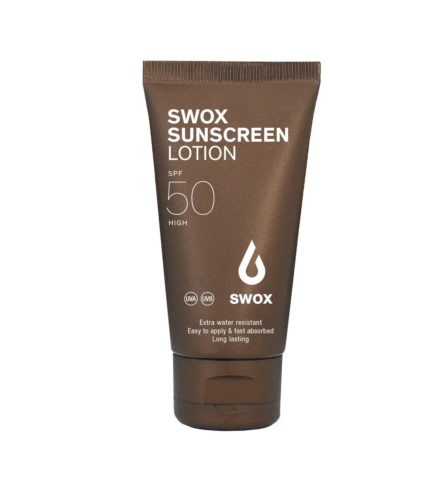SWOX Sunscreen Lotion SPF 50 - Waterproof Sun Protection for Face & Body | Mineral Titanium Dioxide & Vitamin E - Travel Size 50ml for Outdoor Sports - Buy Online on GoSupps.com