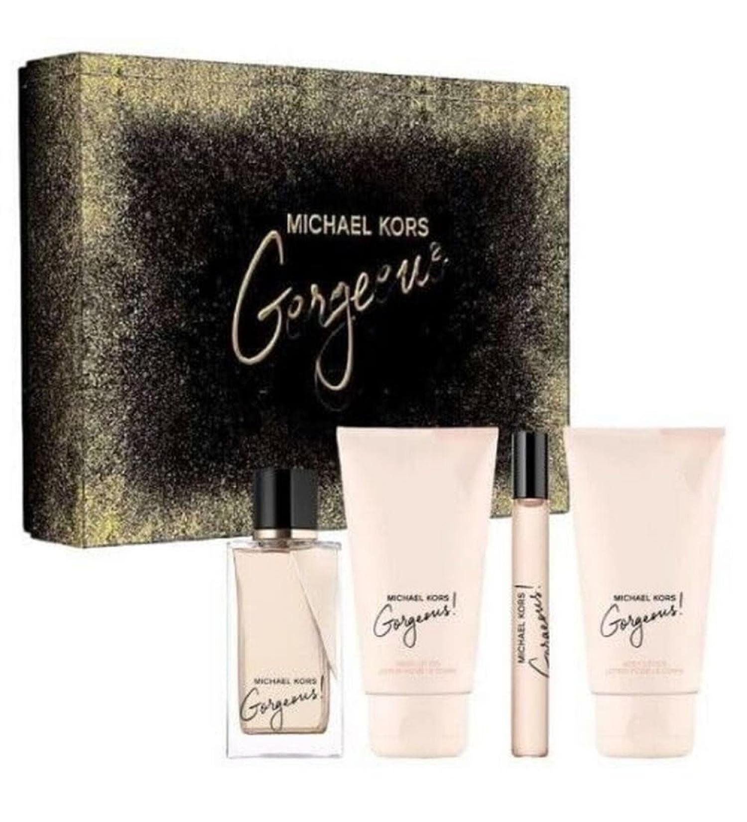 Michael Kors Gorgeous for Women - 4 Pc Gift Set 3.4oz EDP Spray 3.4oz Body Lotion 3.4oz Shower Gel 0.33 oz EDP Spray 2.63 Fl Oz (Pack of 4)