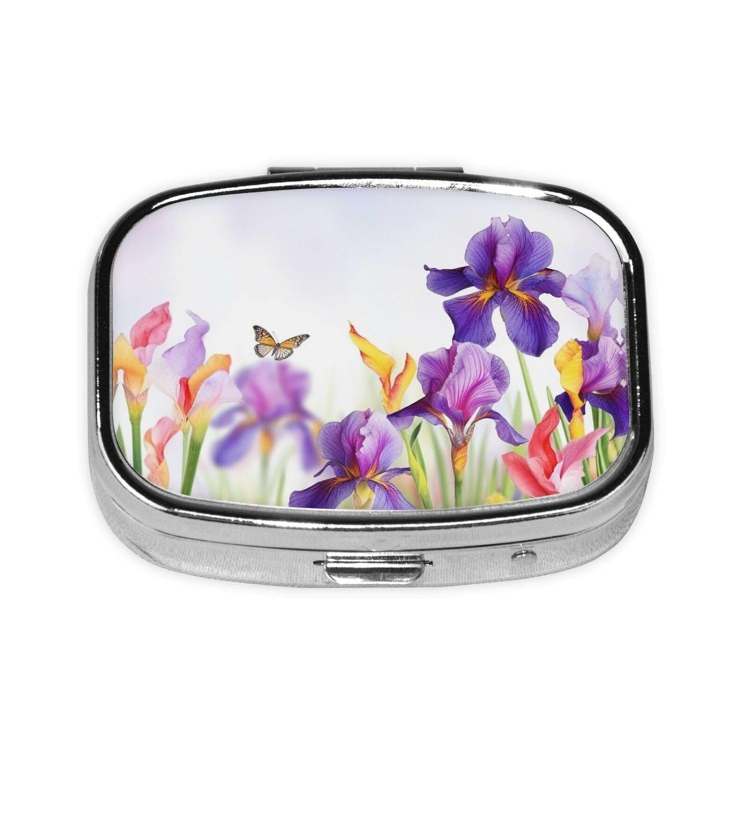 Iris Flower Butterfly Small Pill Case | Cute Travel Pill Organizer | 2 Compartment Pill Box for Purse & Gifts - Buy Online on GoSupps.com