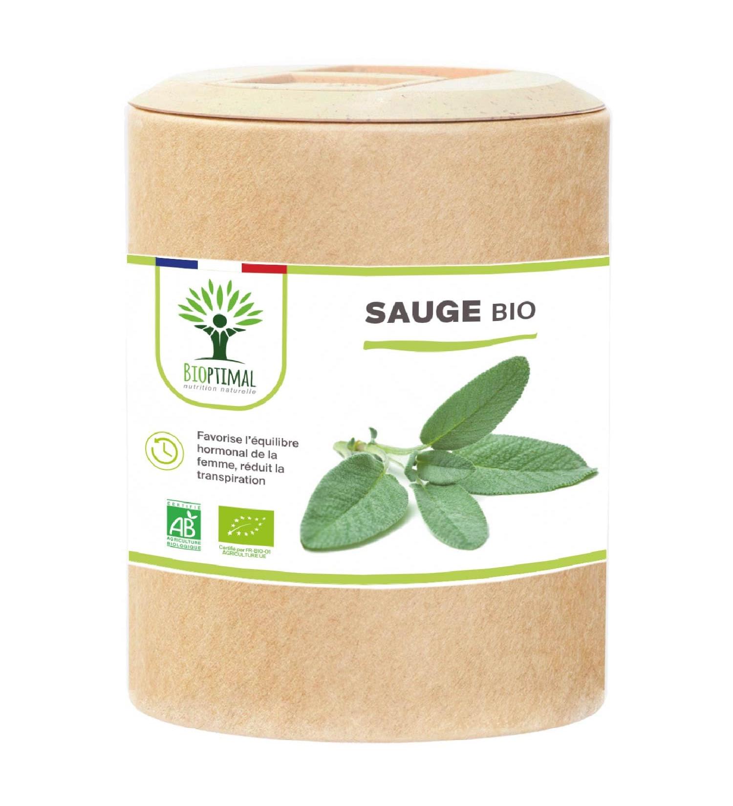 Organic sage - Bioptimal - Dietary supplement - Menopause Hot flashes - Night sweats - Painful rules - Digestion - 250mg/capsule - Made in France - Ecocert certified - 200 capsules - Buy Online on GoSupps.com