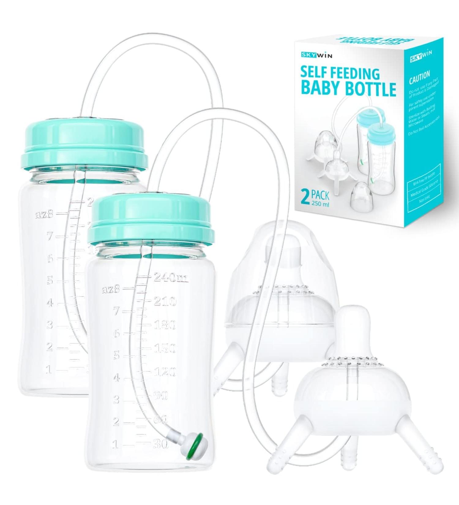 Skywin Self Feeding Baby Bottle 8oz with Straw | Anti Colic, Convenient Feeding | Green - Buy Online on GoSupps.com
