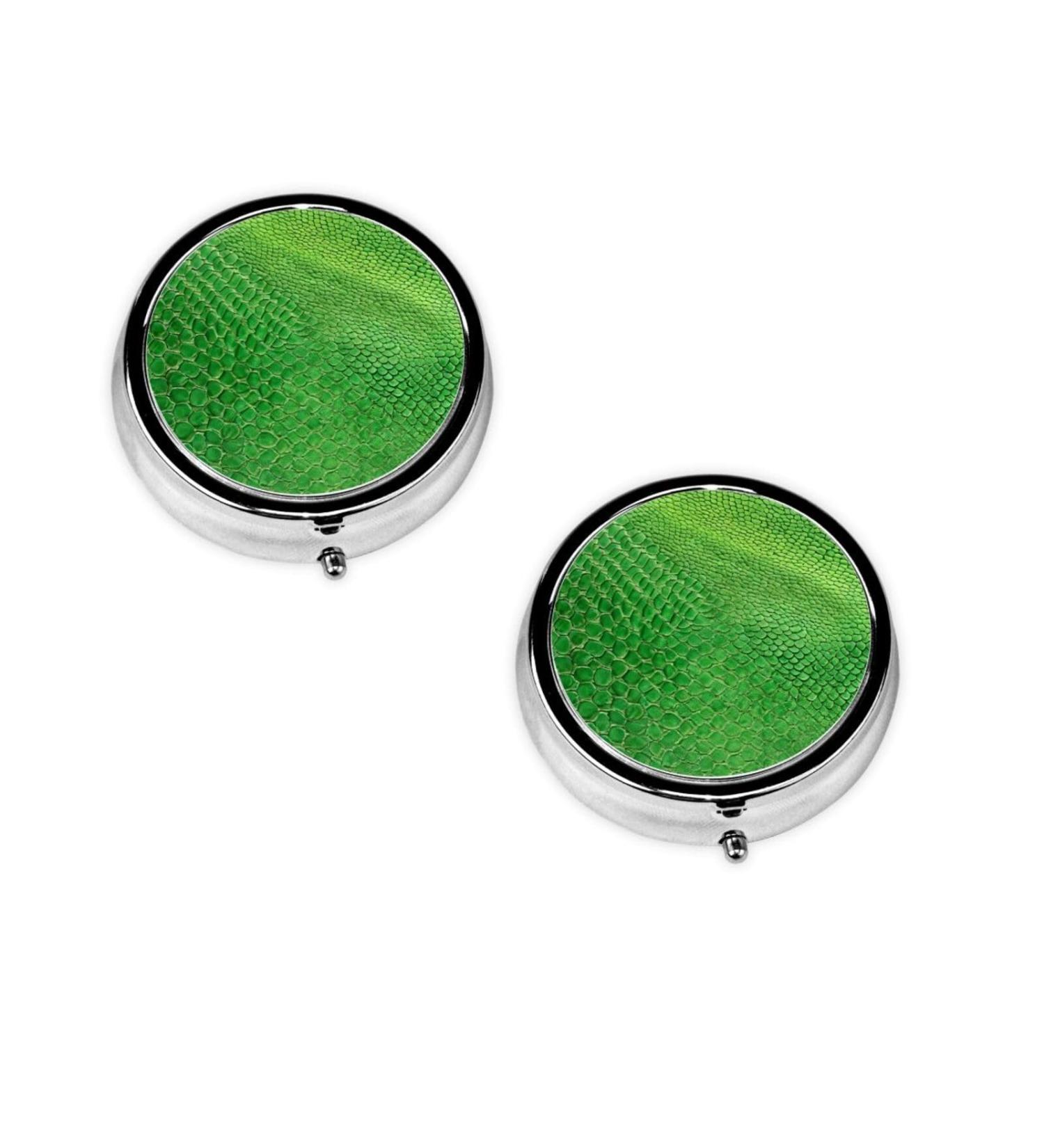 Green Snakeskin Mini Round Pill Box | 3 Compartment Portable Pill Organizer for Travel Home & Office - Buy Online on GoSupps.com