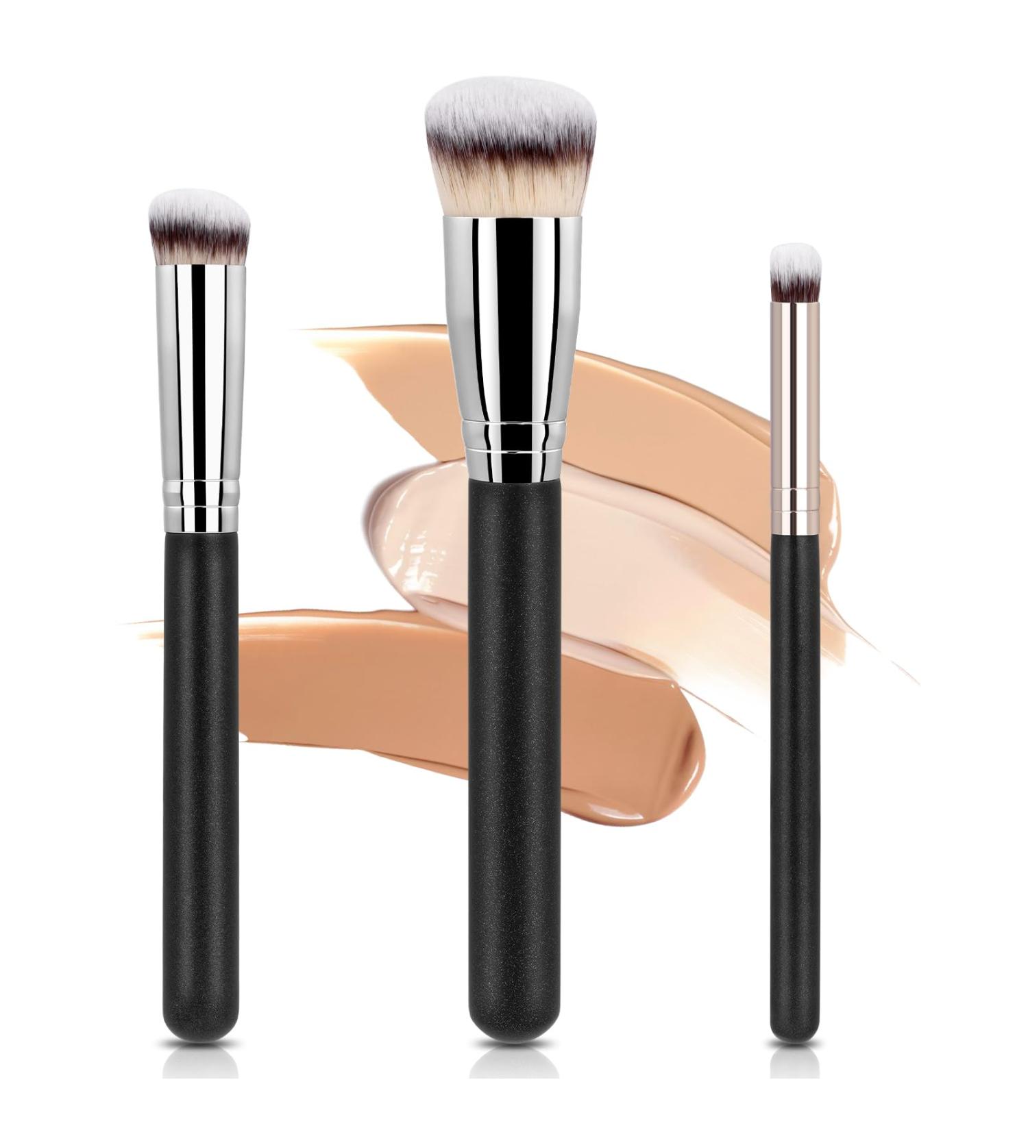 AOOWU 3Pcs Makeup Brush Premium Foundation Brush Concealer Brush Flat Top Foundation Brush for Liquid Makeup Multifunctional Face Brush for Liquid Cream Blending Buffing Powder Cosmetics 3 pcs - Silver black - Buy Online on GoSupps.com
