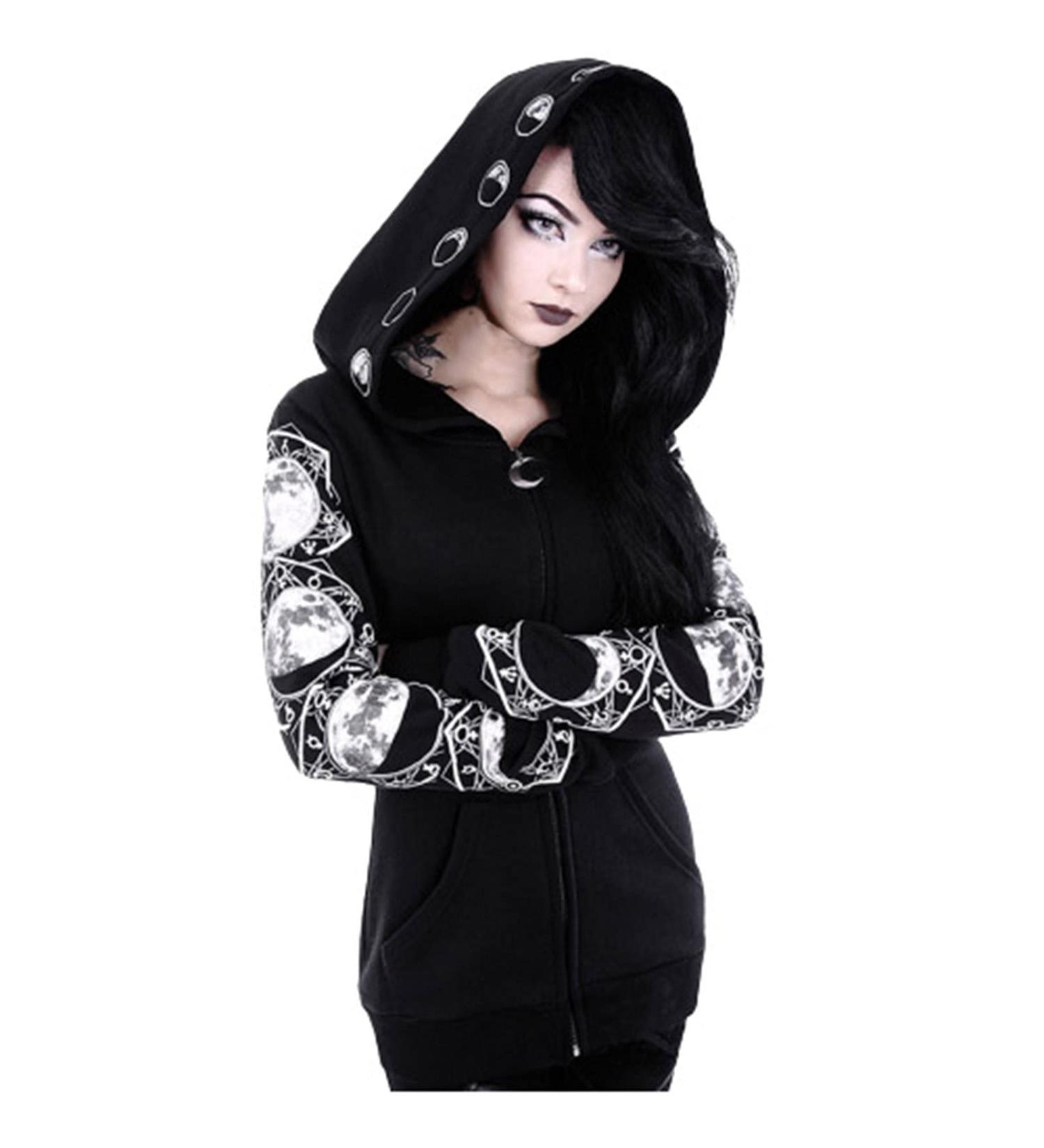 Punk Gothic Black Hoodie with Eyelet Zip-up - Women's Oversized Coat (4X-Large) - Buy Online on GoSupps.com