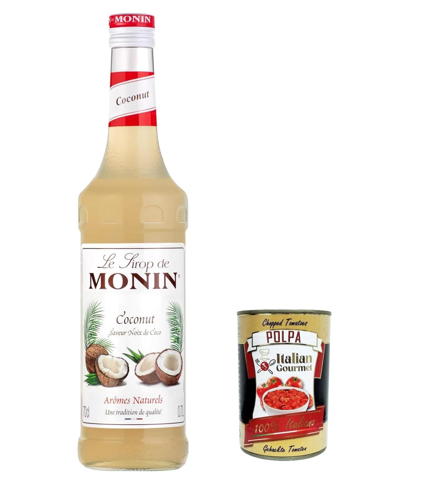 Monin 3-pack of coconut syrups for coffee and bar coconut syrup 0.7 l + Italian Gourmet Polpa 400 g - Buy Online on GoSupps.com