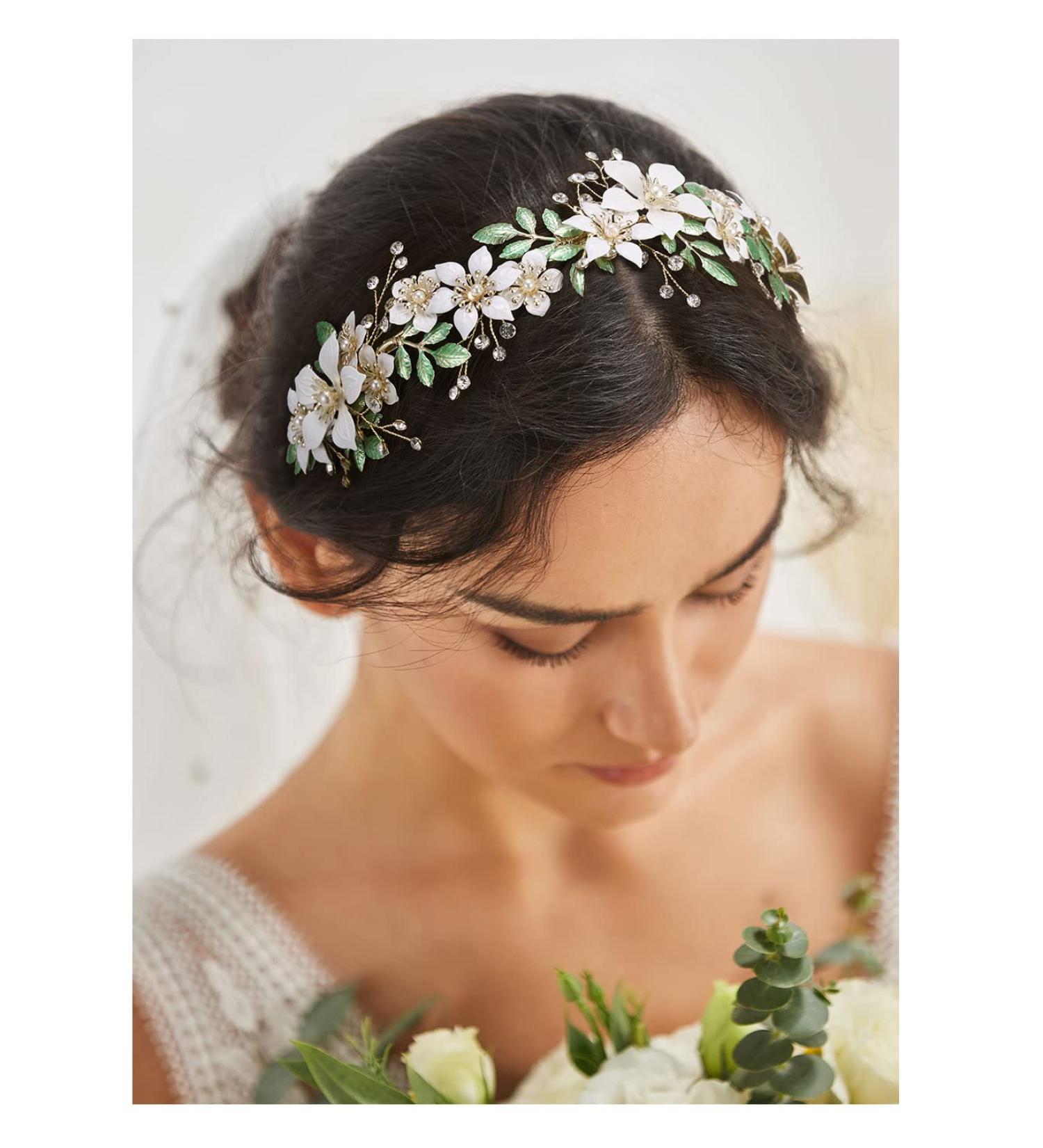 SWEETV Gold Flower Bridal Headband Tiara | Crystal Wedding Headpiece for Bride - Buy Online on GoSupps.com