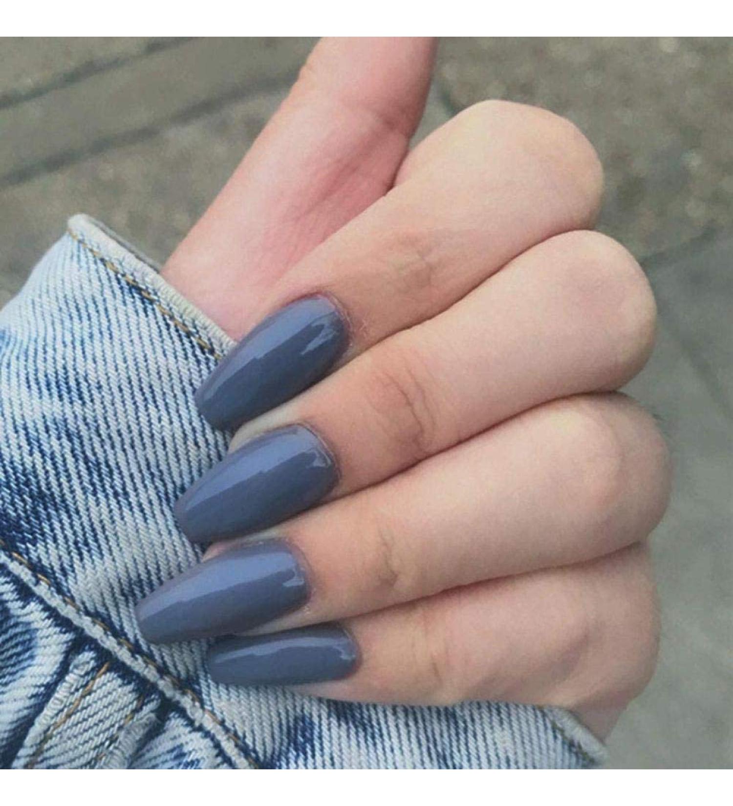 Buy Huil Gray Long Coffin False Nails - 24 Pcs Full Cover Acrylic Stick-On Nail Tips for Women & Girls | International Shipping - Buy Online on GoSupps.com