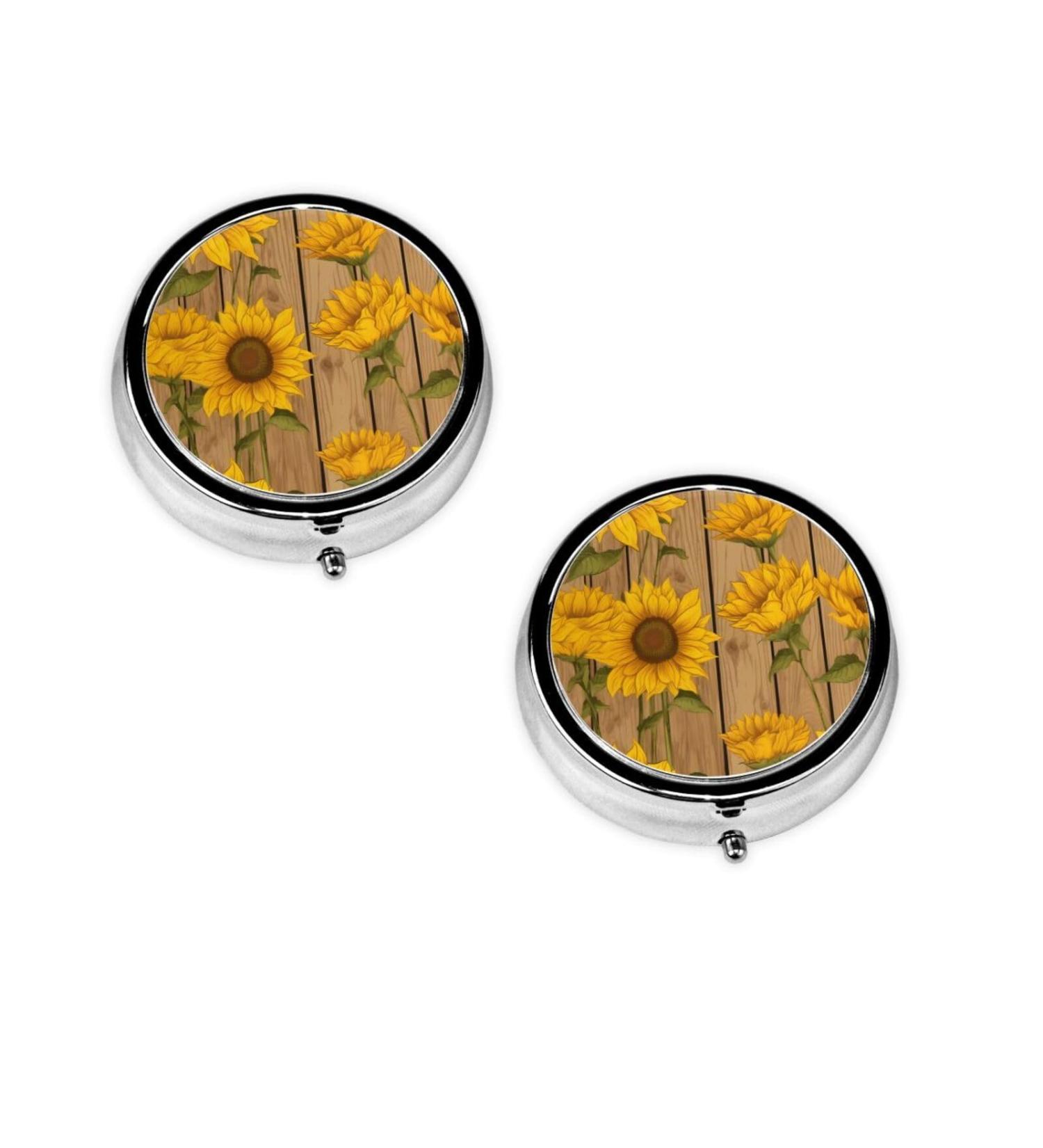 Sunflowers Printed Round Pill Box | 3 Compartment Mini Travel Organizer for Vitamins & Medicine - Buy Online on GoSupps.com