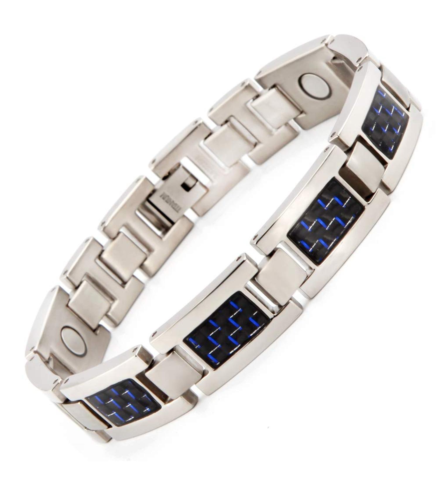 N+Nitrolube Titan Magnetic Arm Band for Men - Strong Magnetism & Field Therapy for Arthritis - Blue Coal Fiber - 22cm Silver - Buy Online on GoSupps.com