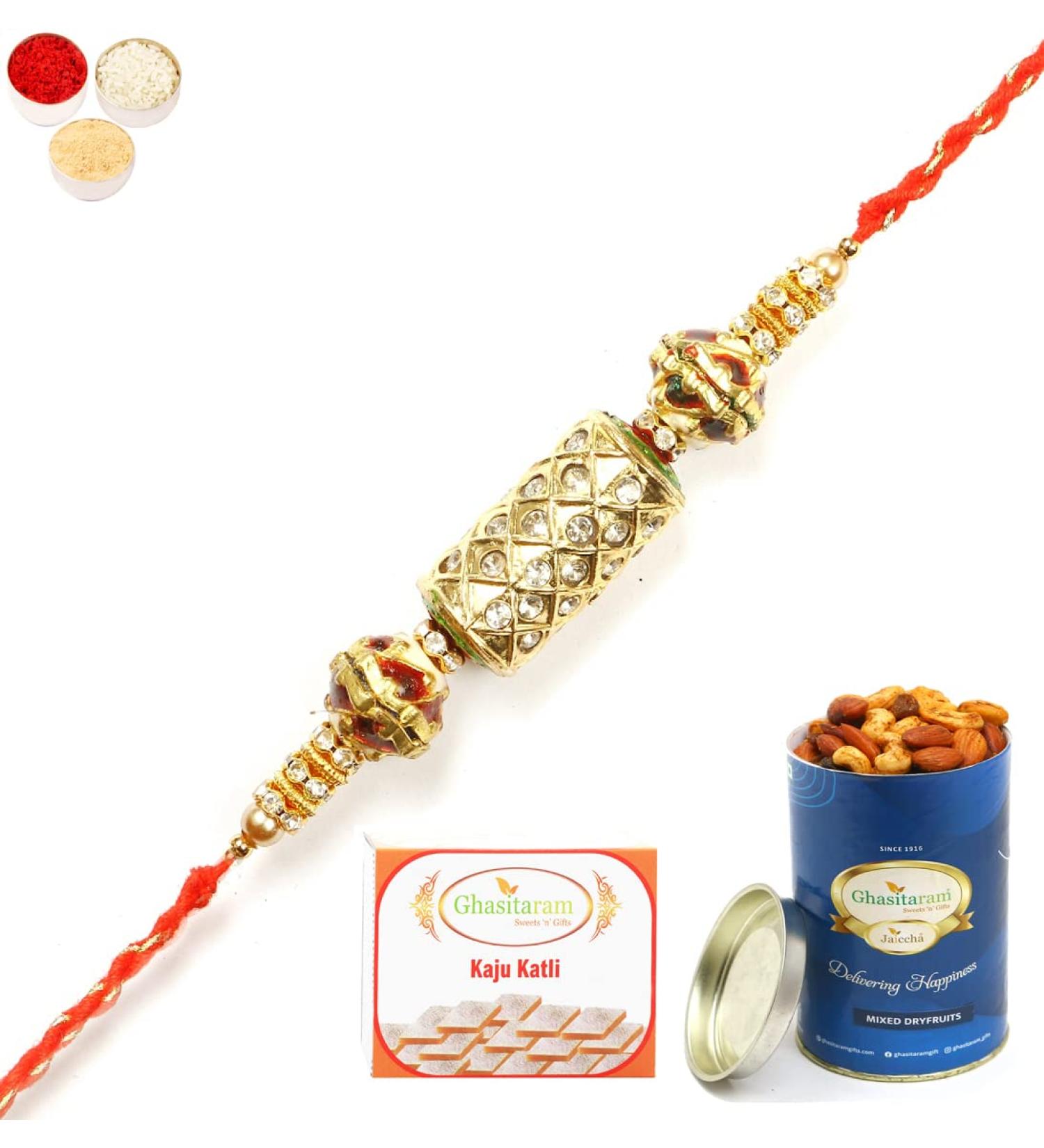 Ghasitaram Gifts Rakhi for Brother Rakhis Online - RM-579 PremiumRakhi with 100 GMS of Dryfruits Mix Can 200 GMS of Kaju katli Rakhi & 100g Dryfruits Mix Can 200g Kaju katli - Buy Online on GoSupps.com