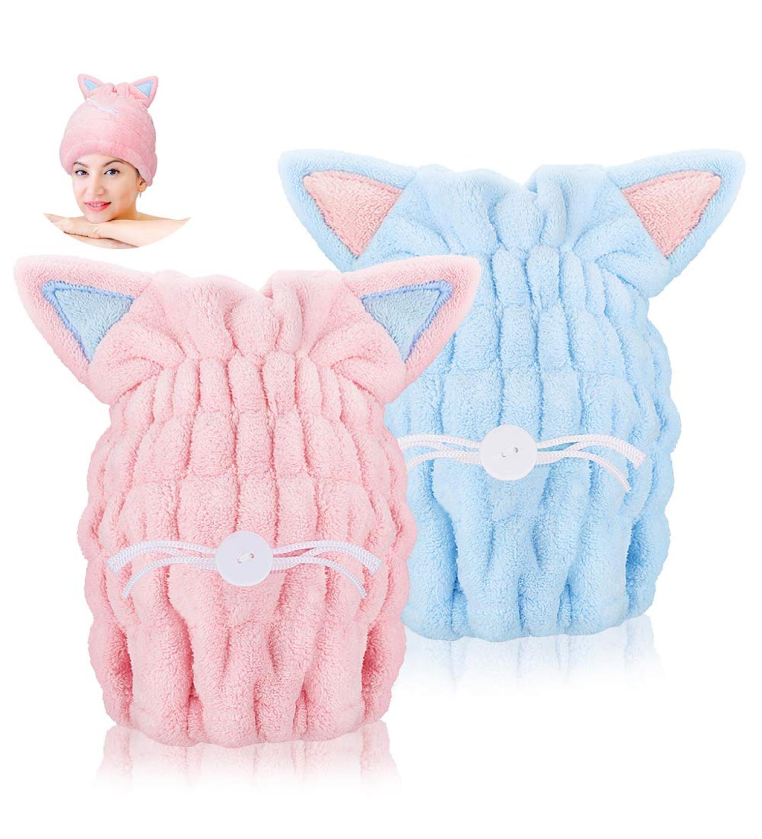 Ultra Soft Microfiber Towels with Kitten Ears - Fast Drying Bath Hat for Women & Kids | Num-one (Blue & Pink) - Buy Online on GoSupps.com